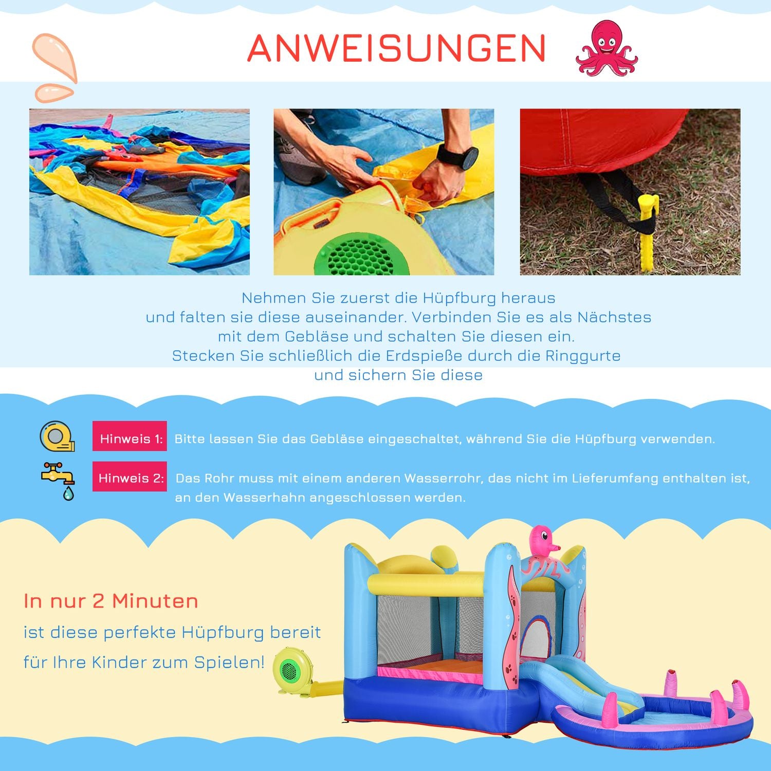 Uppblåsbar bläckfisk hoppborg med rutschkana och pool