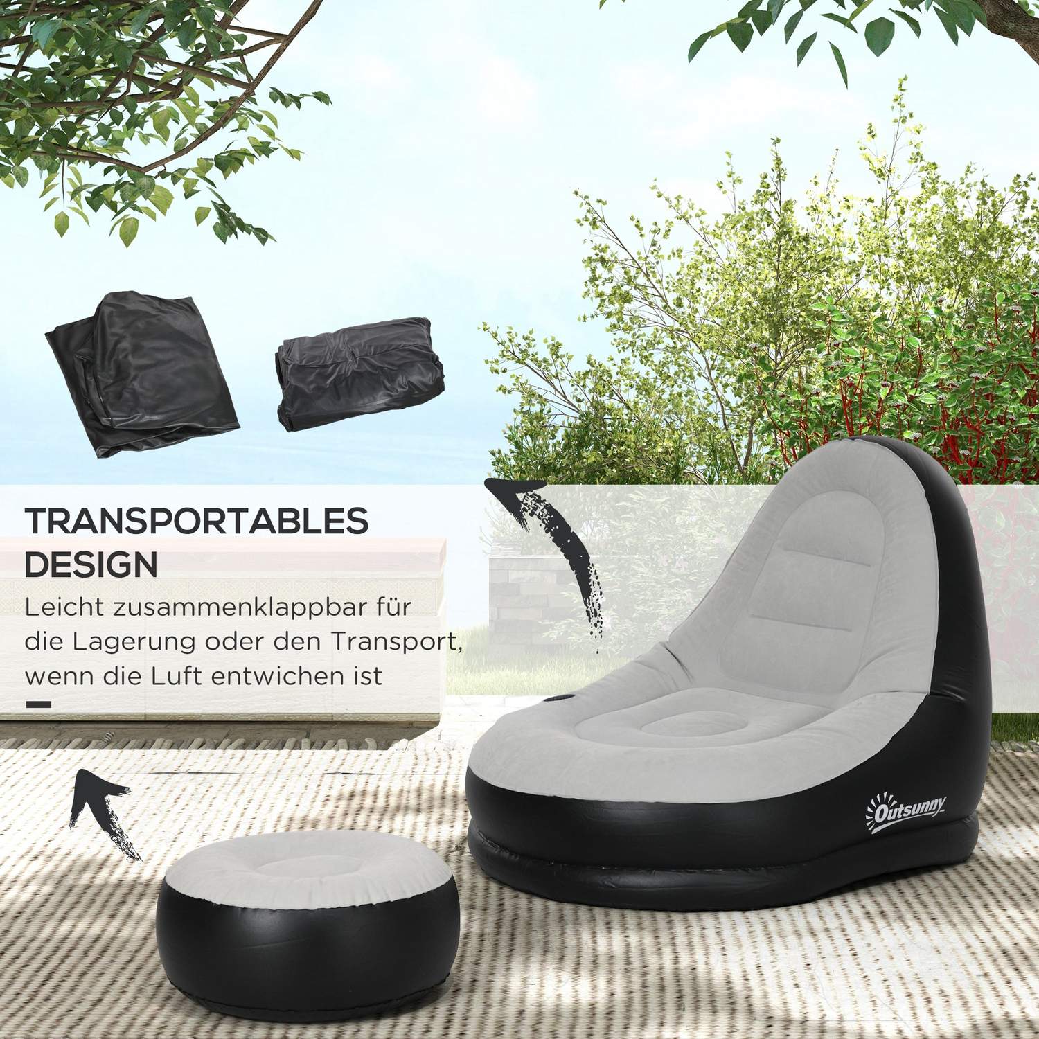 Uppblåsbar soffa med fotpall & mugghållare, ljusgrå