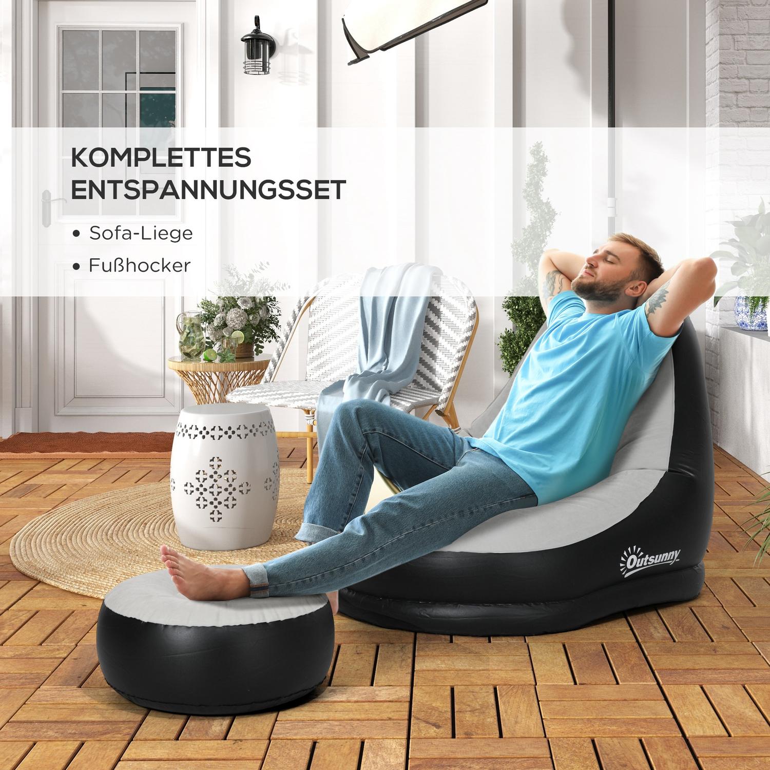 Uppblåsbar soffa med fotpall & mugghållare, ljusgrå