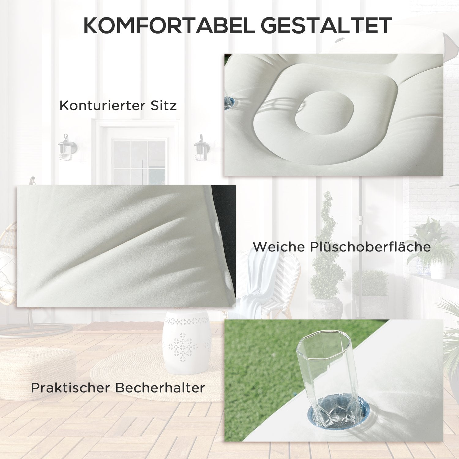 Uppblåsbar soffa med fotpall & mugghållare, ljusgrå