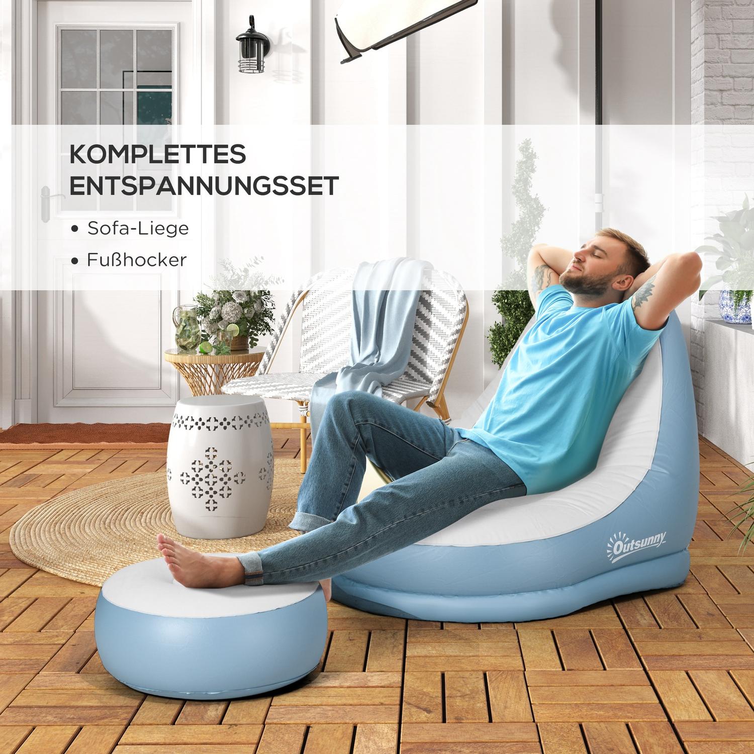 Uppblåsbar soffa med fotpall och mugghållare, vit 125x100x87 cm