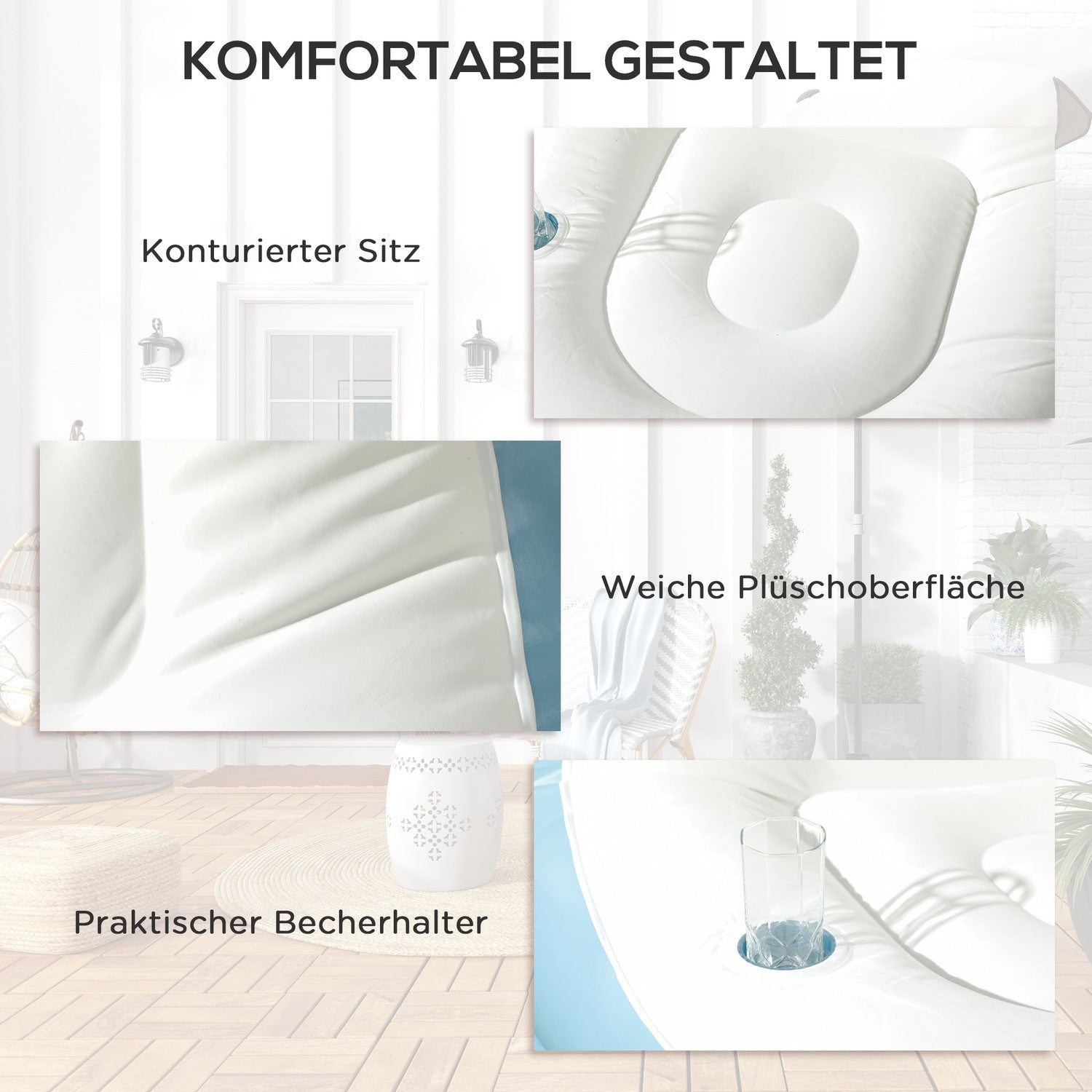 Uppblåsbar soffa med fotpall och mugghållare, vit 125x100x87 cm