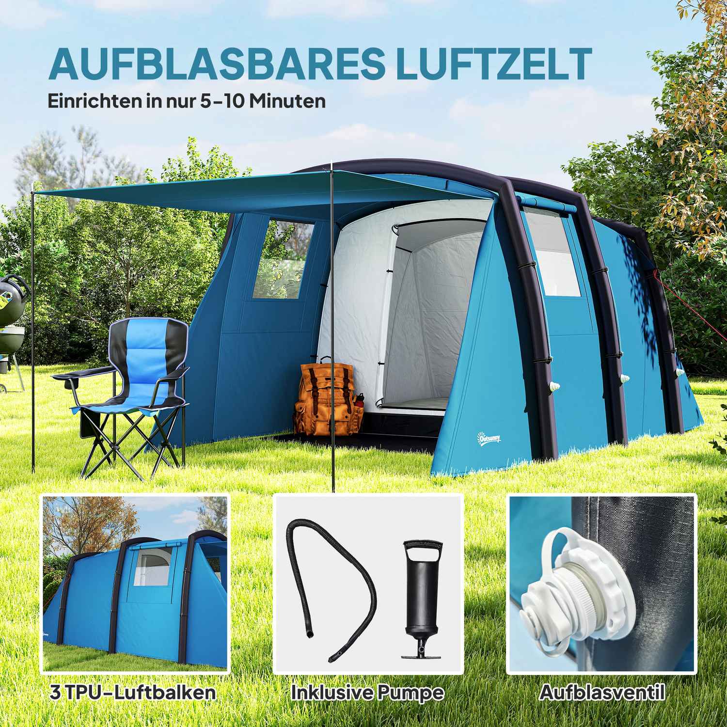 Uppblåsbart 3-6 personers campingtält, UV50+ vindtätt, 3-säsong