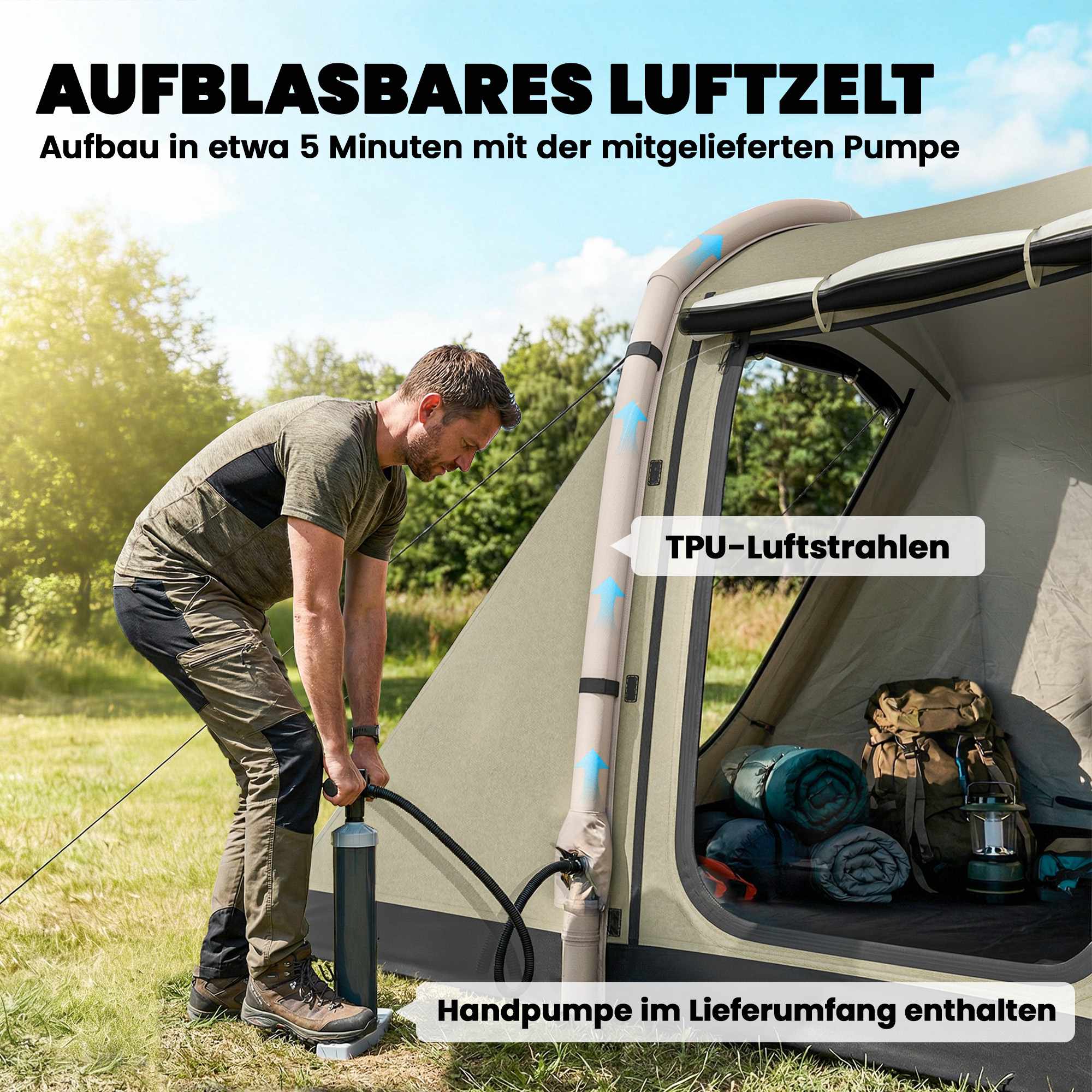 Uppblåsbart campingtält, 2-4 personer, snabb montering