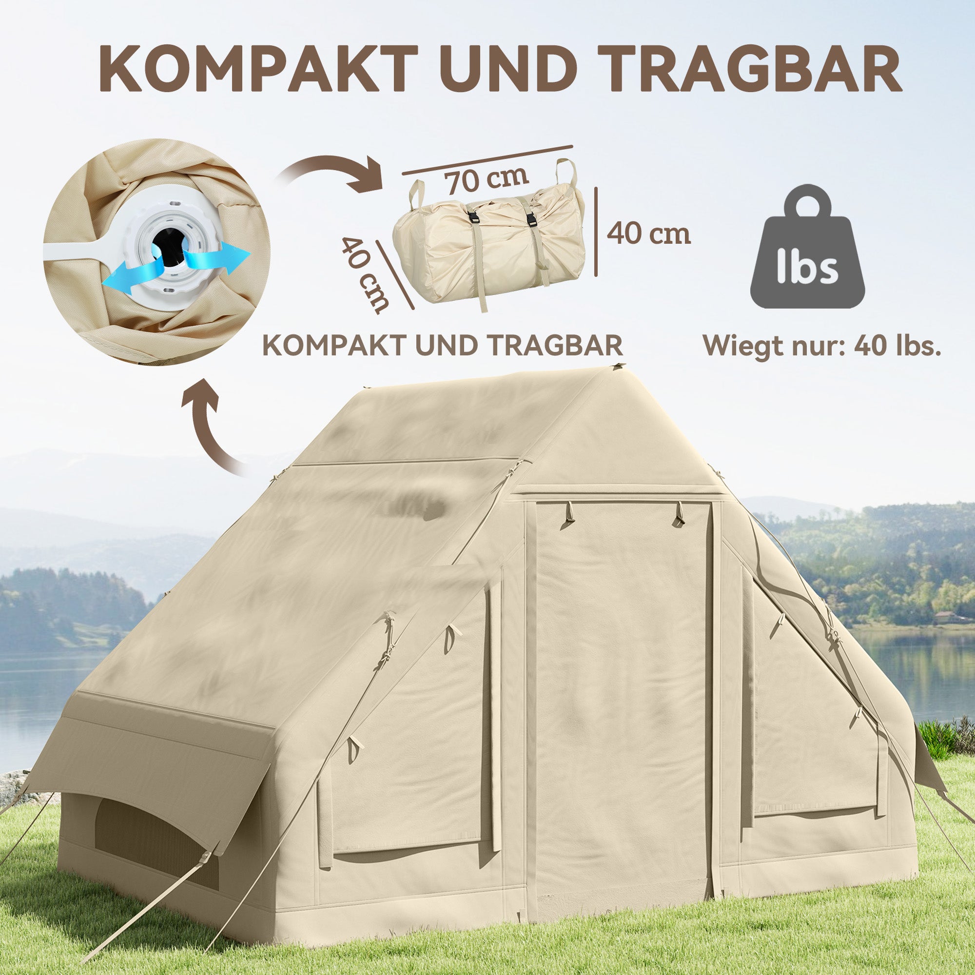 Uppblåsbart campingtält för 3 – Vattentätt och vindtätt 4-säsong