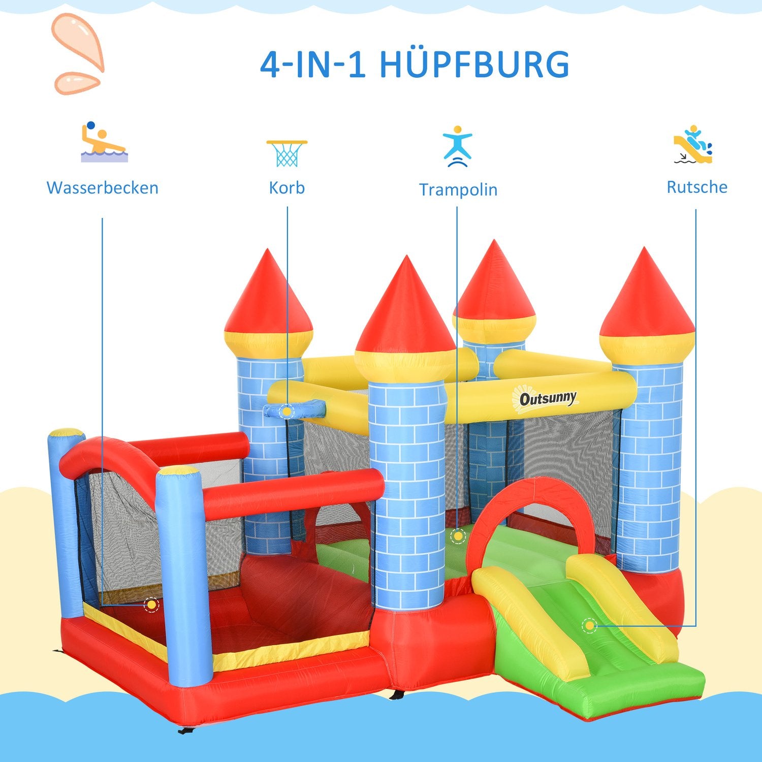 Uppblåsbart hoppborg med rutschkana och pool för barn 3-8
