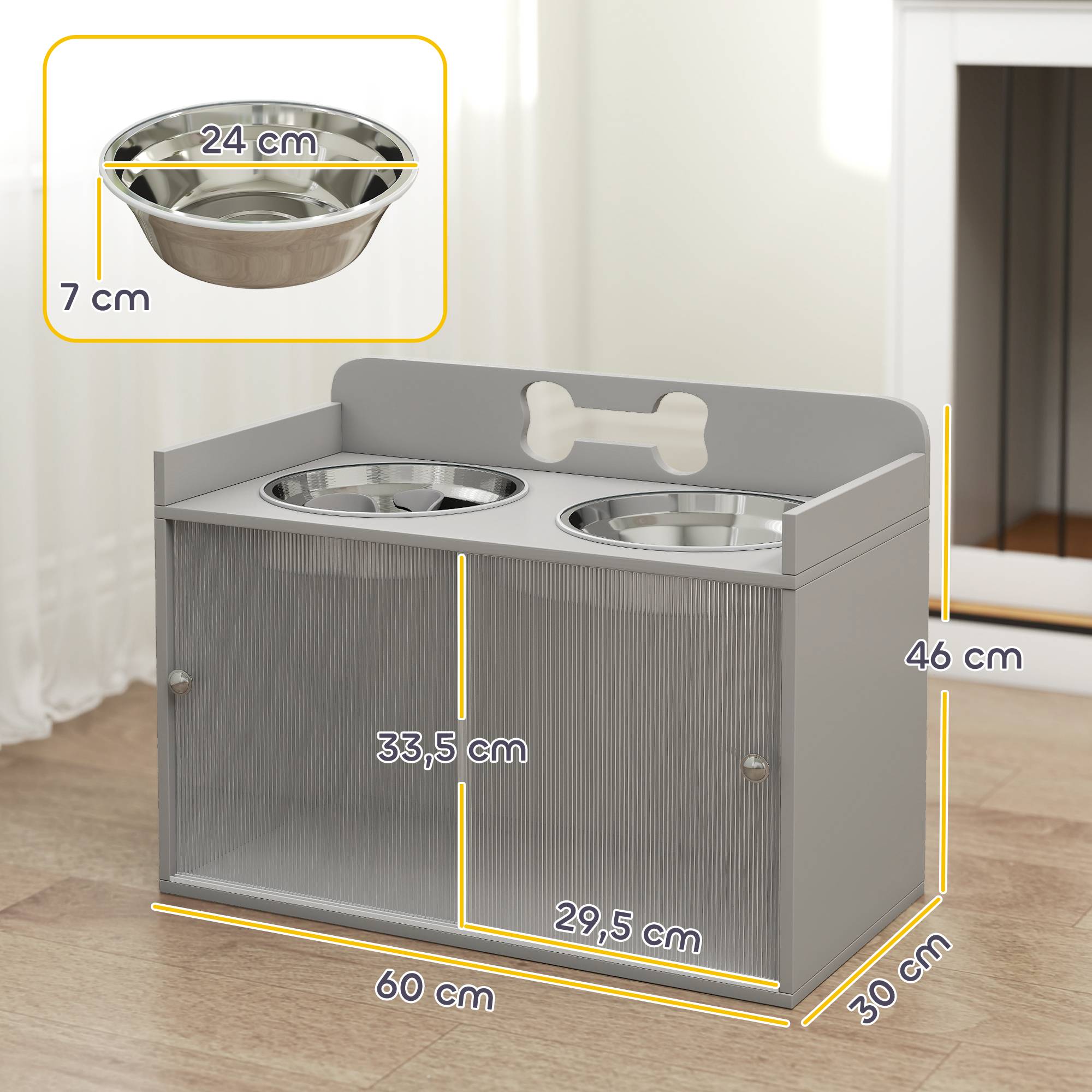 Upphöjd hundmatningsstation med 2 skålar, MDF och rostfritt stål