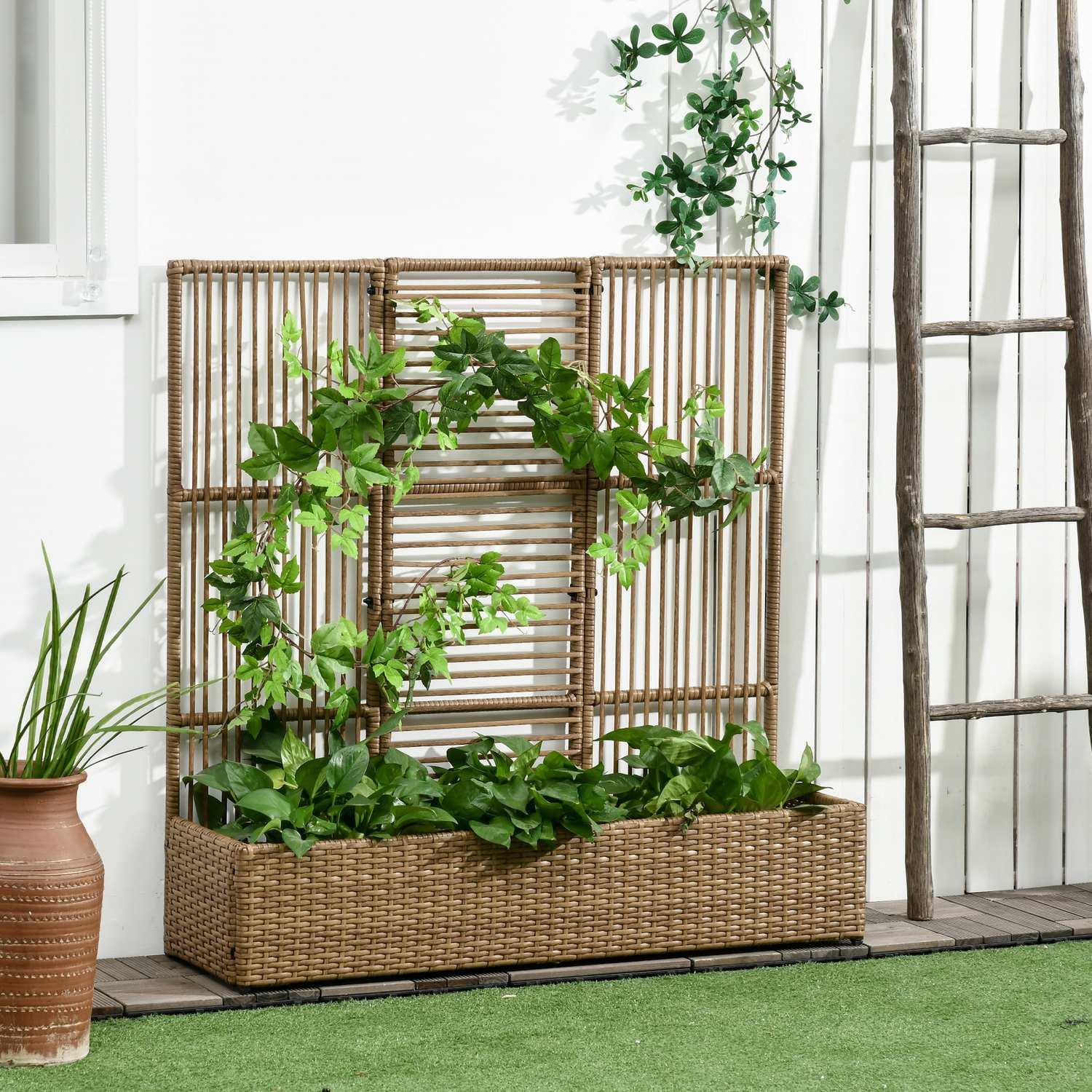 Upphöjd plantering i polyrattan med spaljé för trädgård och balkong