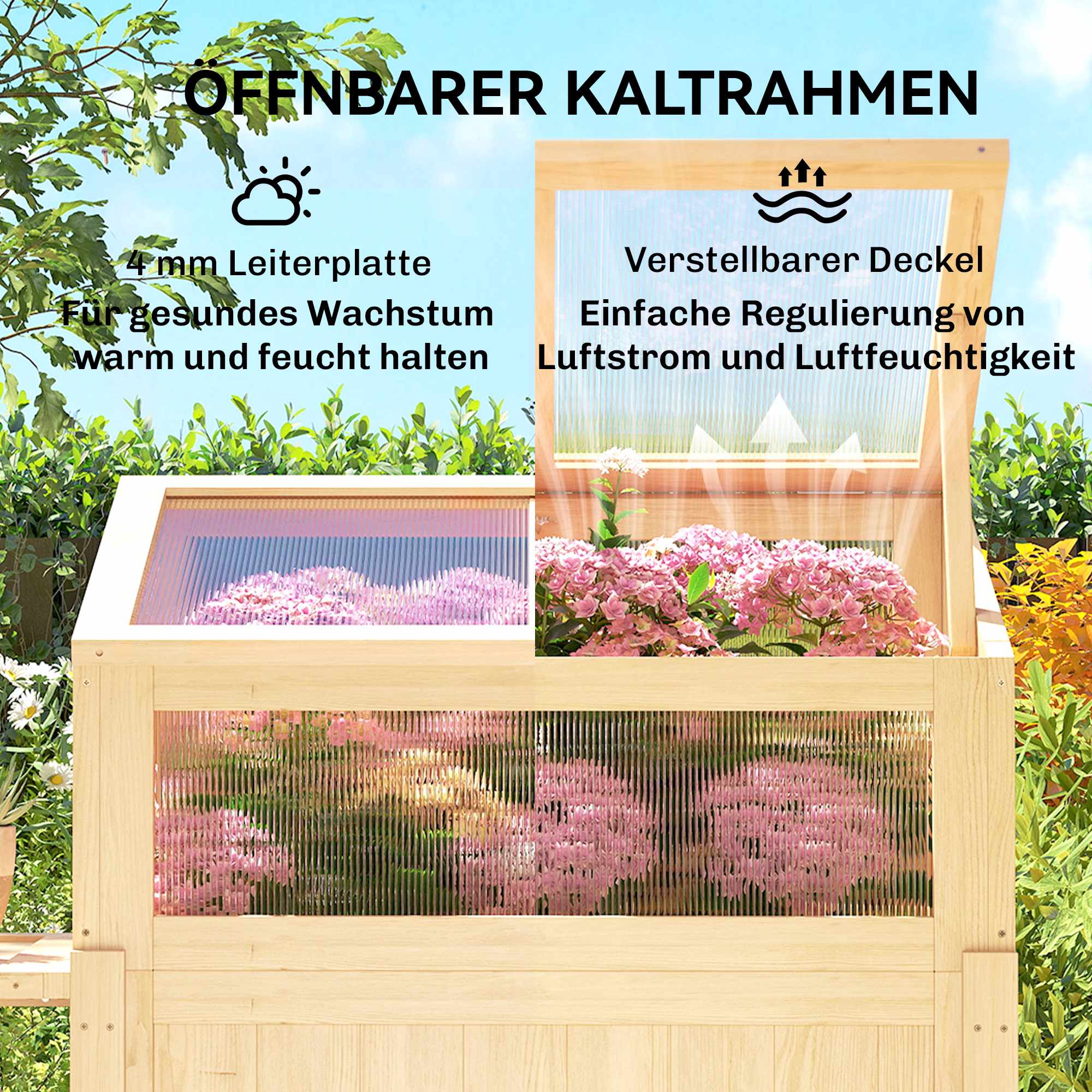 Upphöjd trädgårdsbädd med kallram, trä, hopfällbar hylla