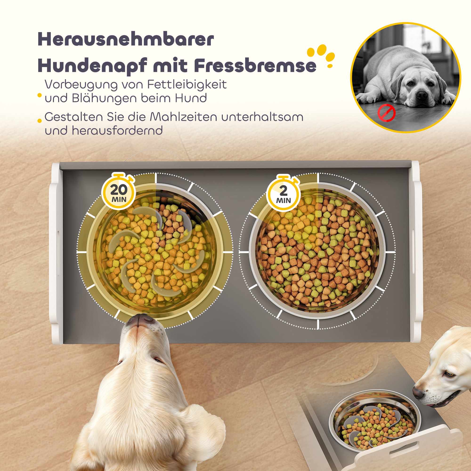 Upphöjt hundskålsställ med förvaring, 2 halkfria skålar