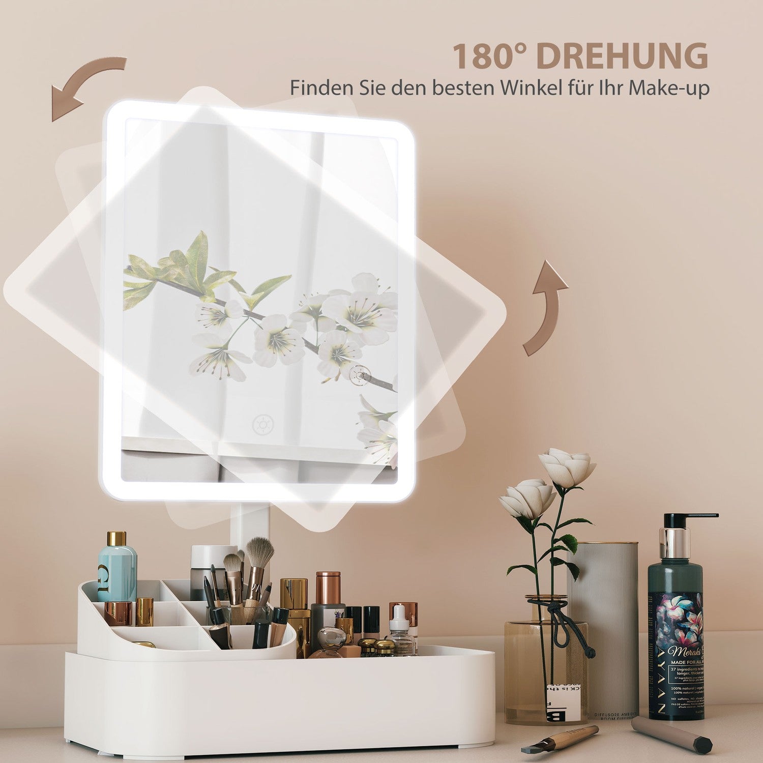 Uppladdningsbar LED-sminkspegel, 180 graders rotation, dubbla ljuslägen