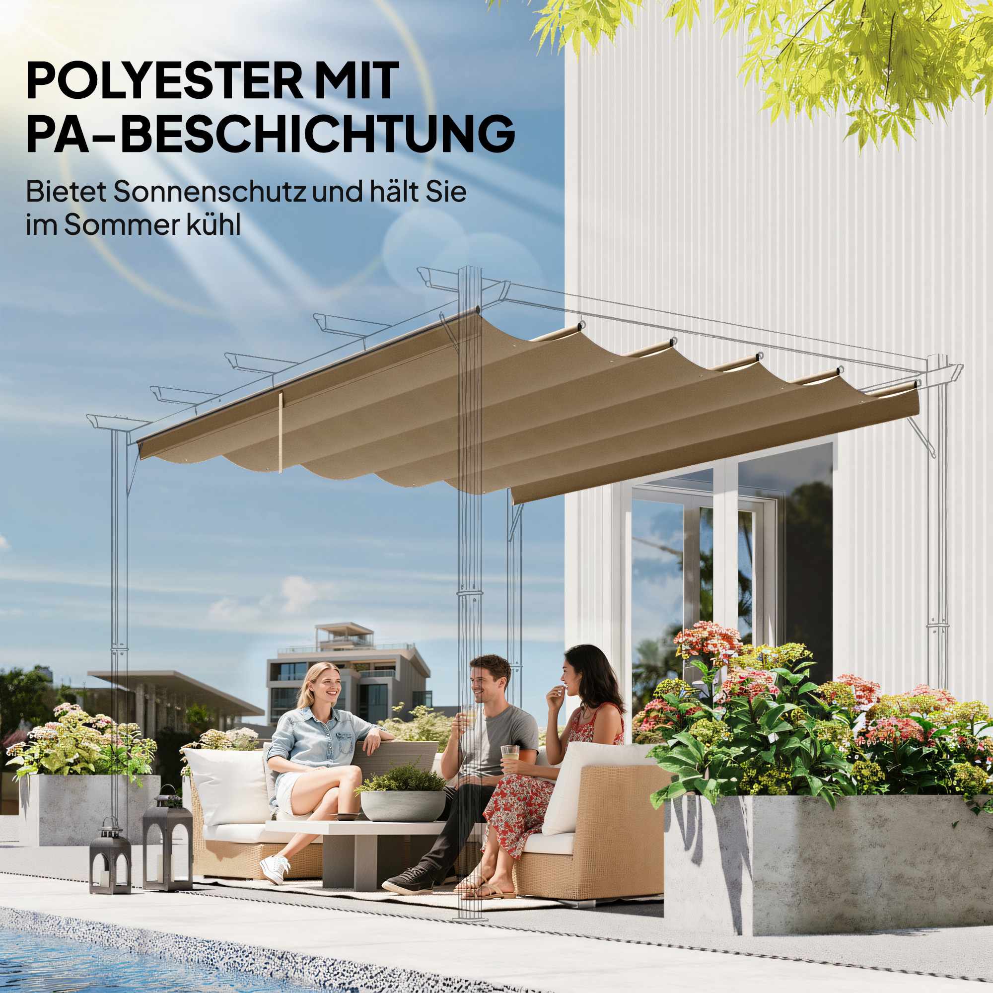 Utdragbar pergolatak 3x3m, brun, polyester