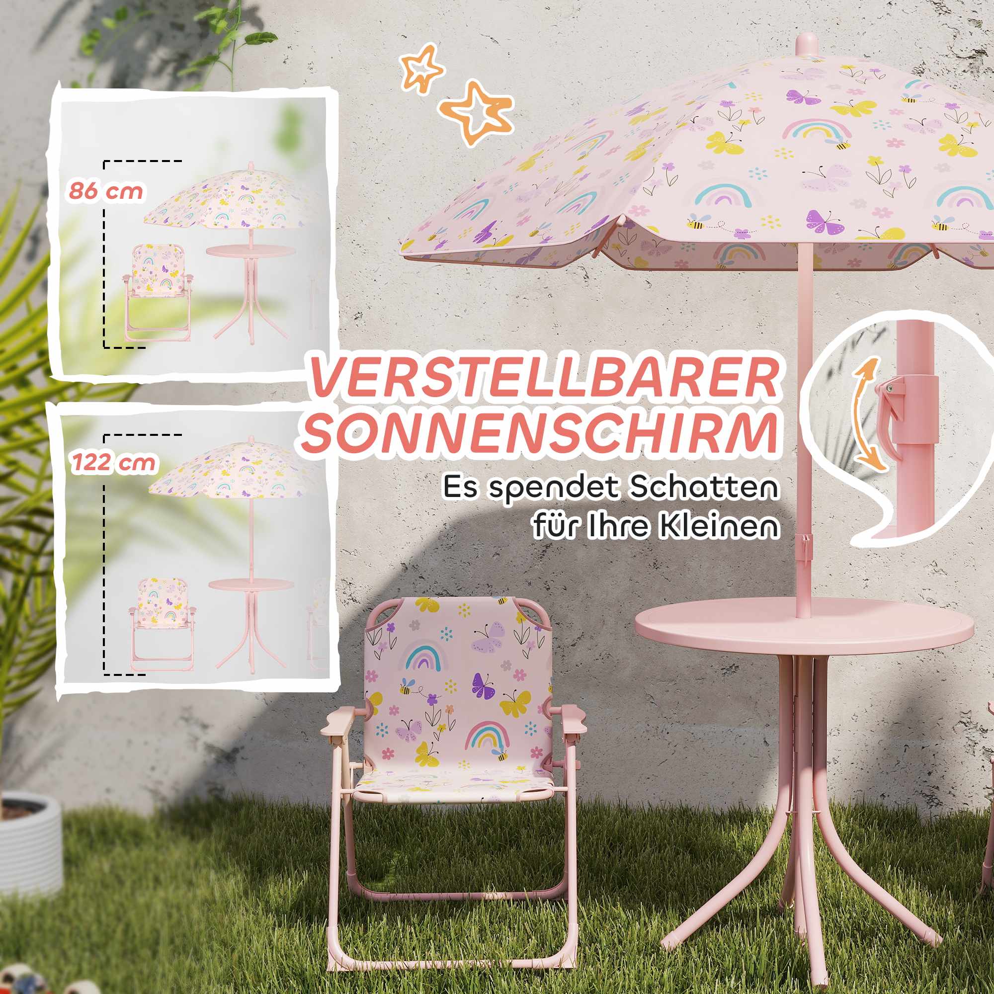 Utemöbelset för barn med parasoll – rosa, hopfällbart