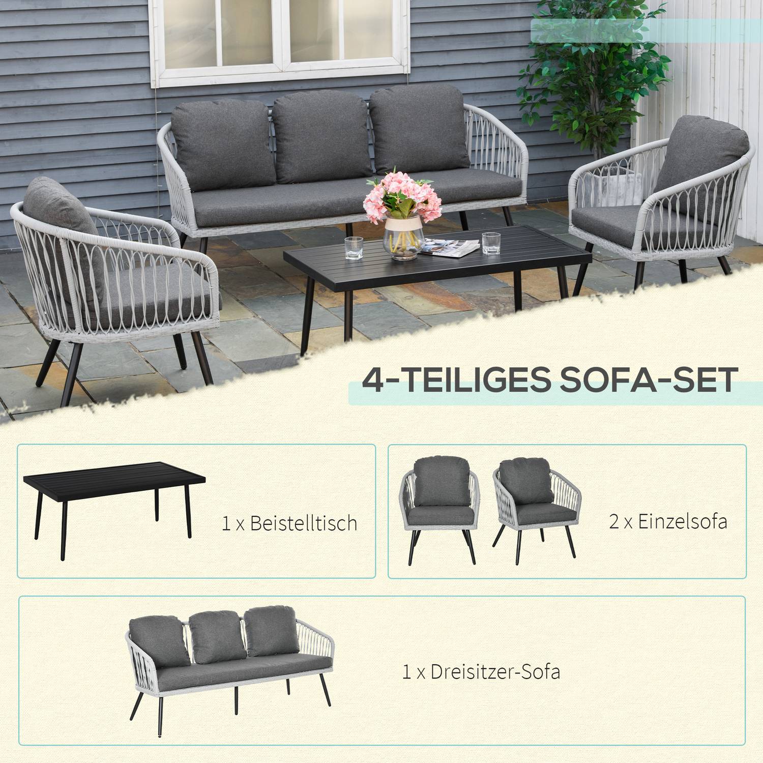 Utemöbler i polyrattan, 5 stolar, aluminiumstomme, grå kuddar