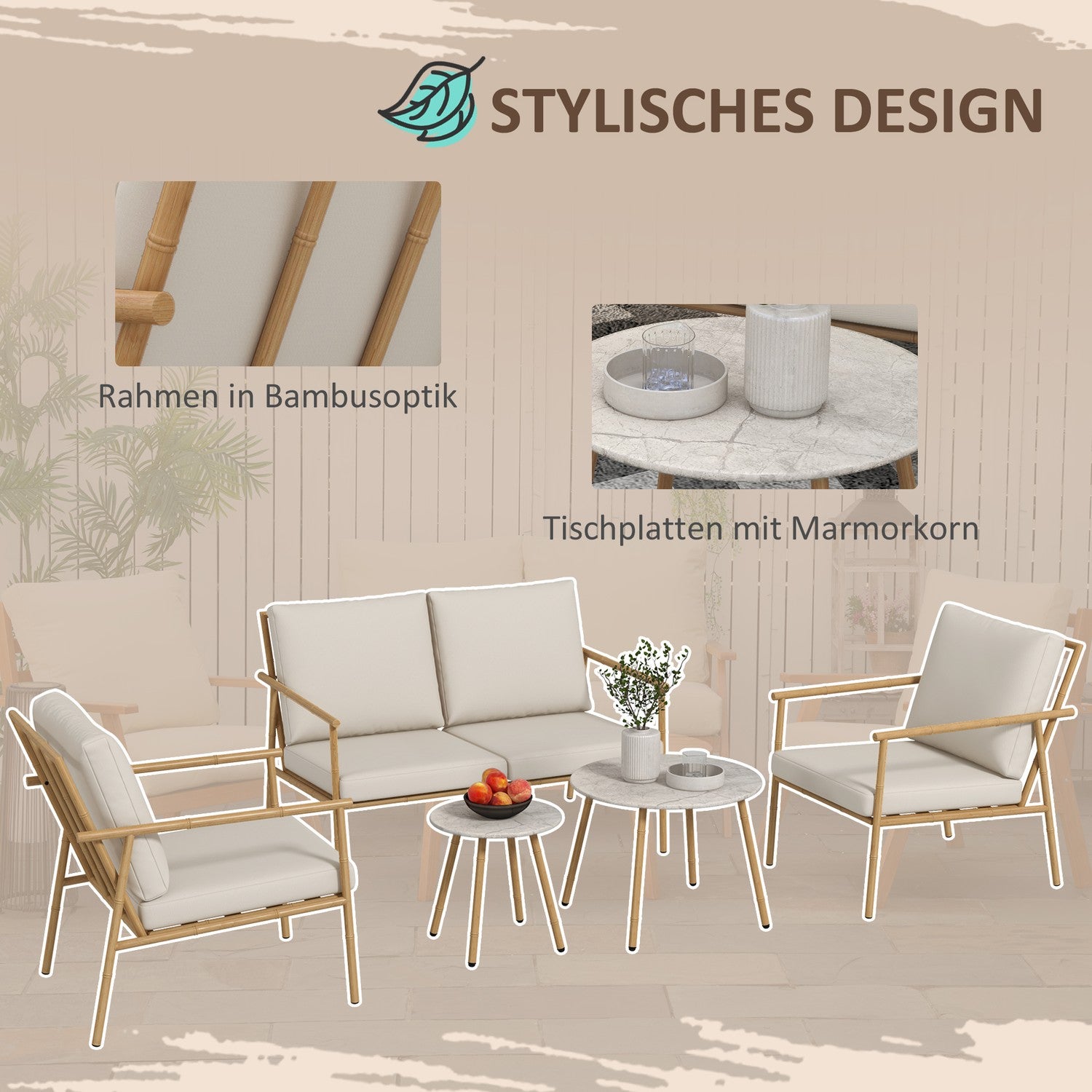Utemöbler set – 2 stolar, soffa och bord, krämkuddar