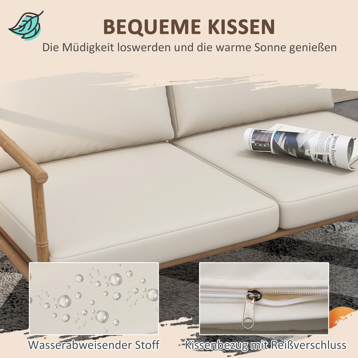 Utemöbler set – 2 stolar, soffa och bord, krämkuddar