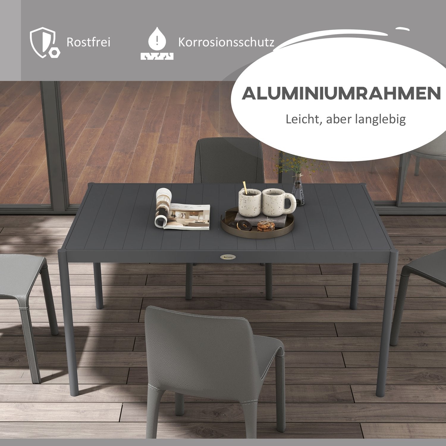 Uteplatsmatbord i aluminium för 6, mörkgrå, 145x90x74 cm