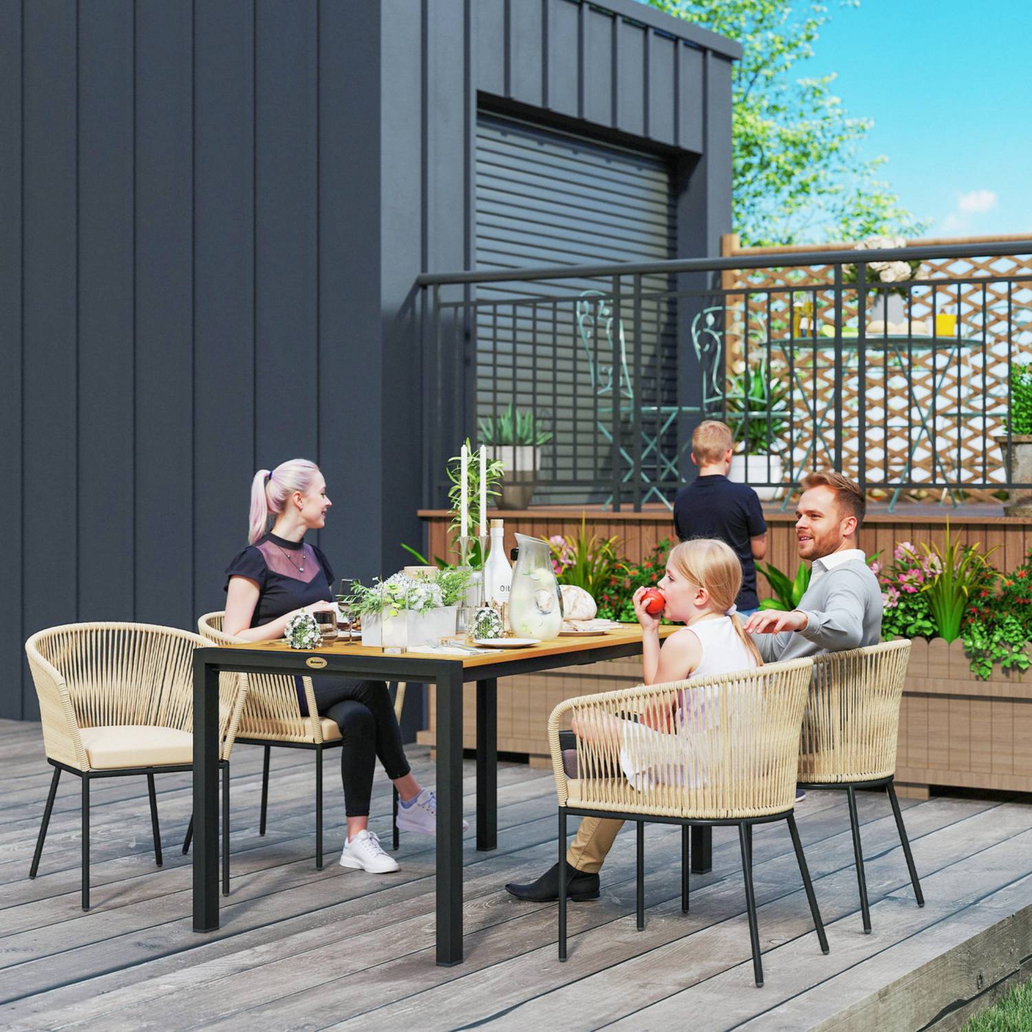 Uteplatsset i polyrattan för 4 med bord och kuddar