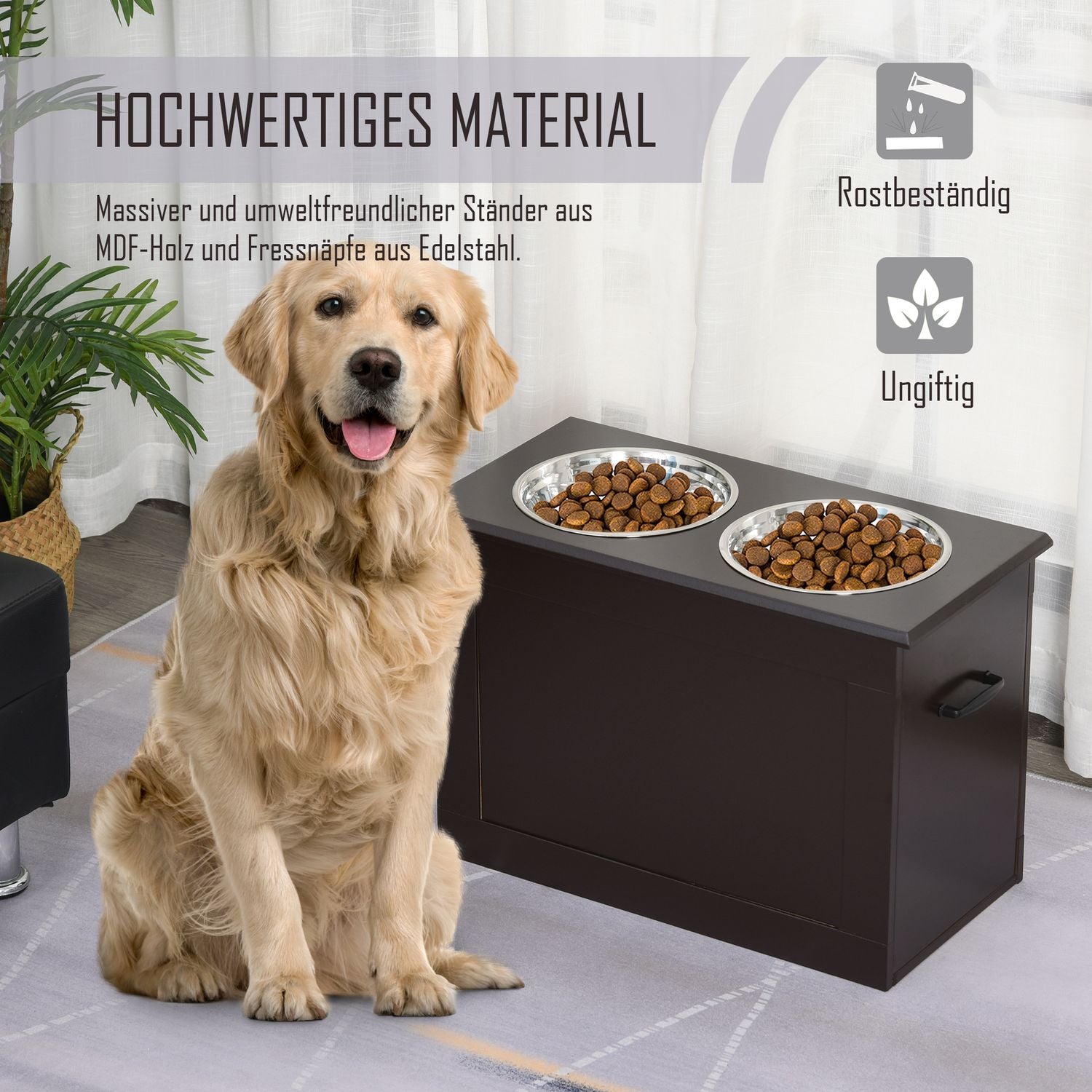 Utfodringsstation för husdjur, dubbla skålar i rostfritt stål, MDF Espresso Finish