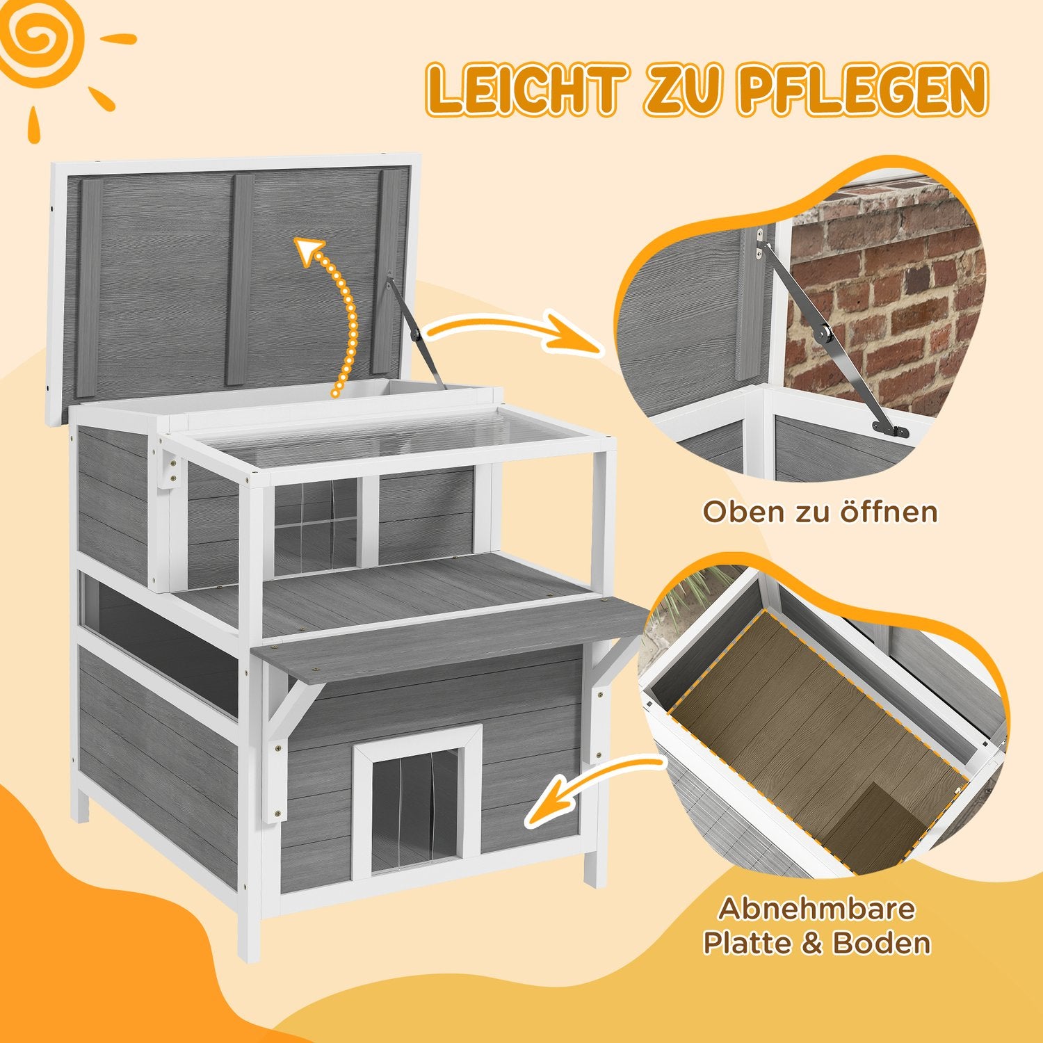 Utomhus Gran Wood Cat House med balkong, 64 x 87 x 76 cm