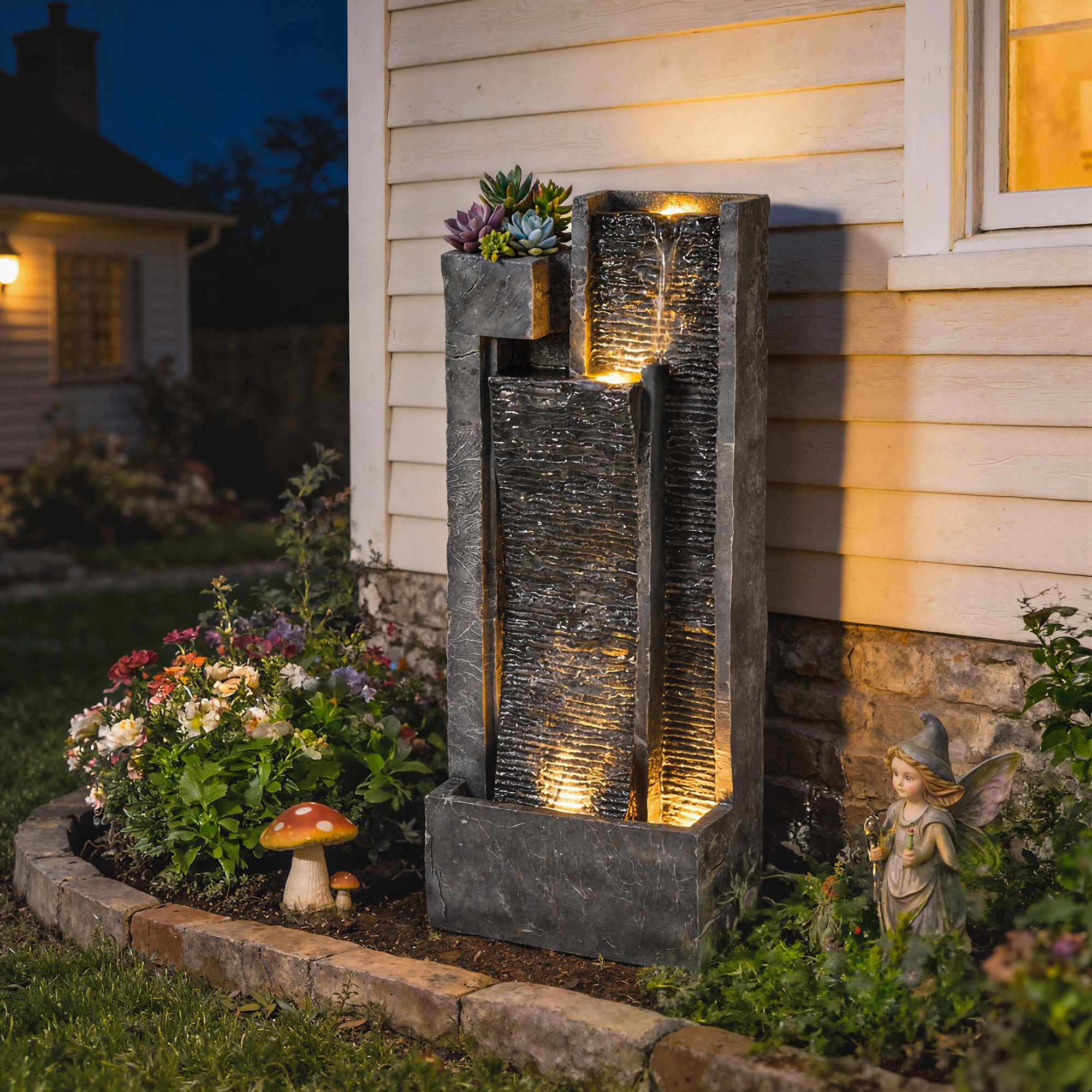 Utomhusfontän i harts med plantering och LED-lampor