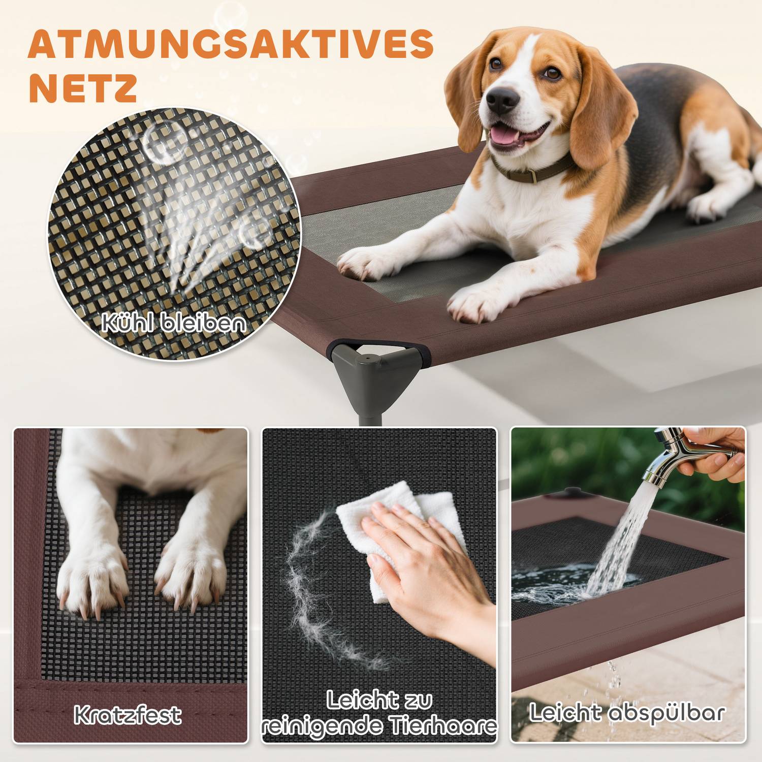 Utomhus förhöjd hundstol med tak - svalkande meshbädd