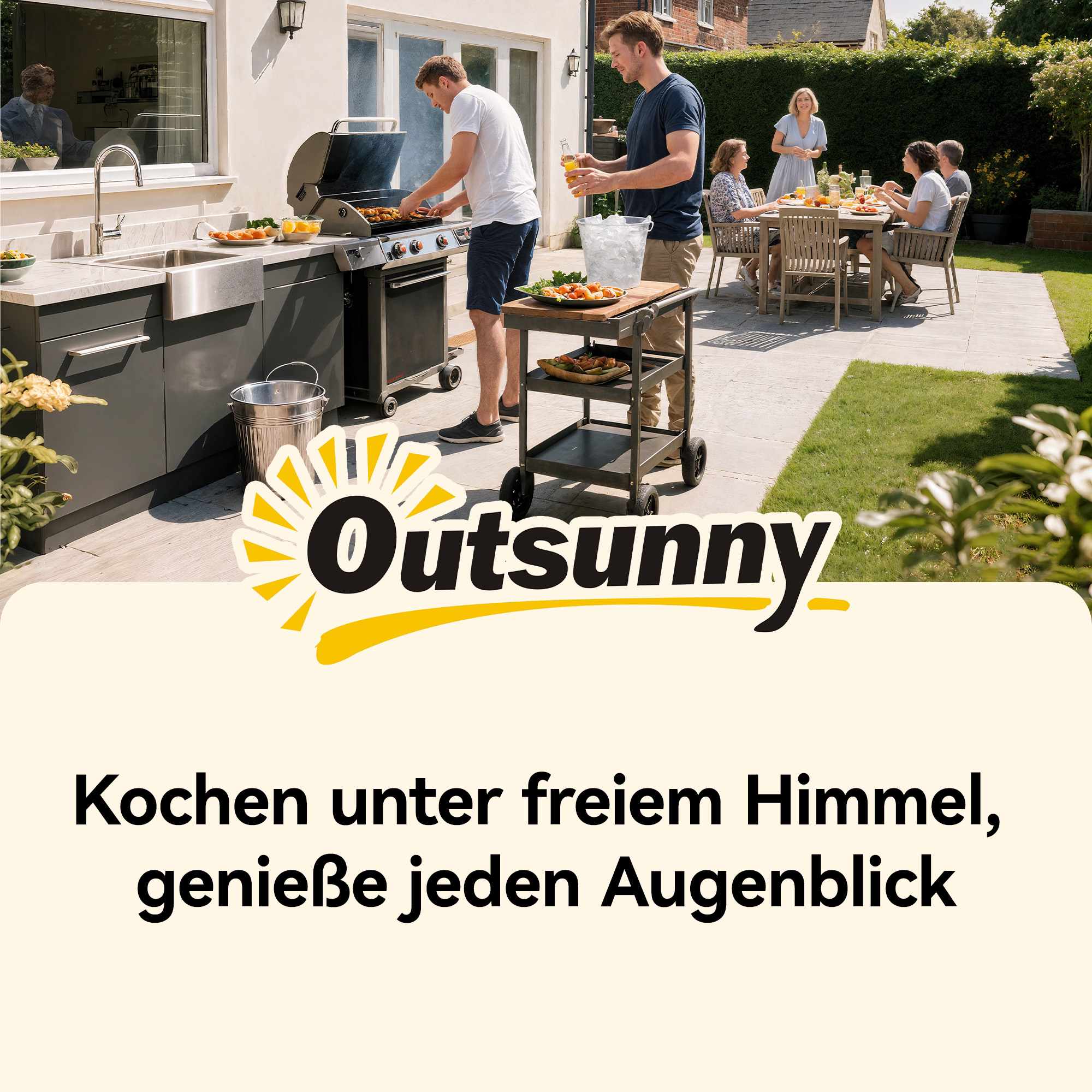 Utomhusgrillvagn med förvaring, metallyta, svart