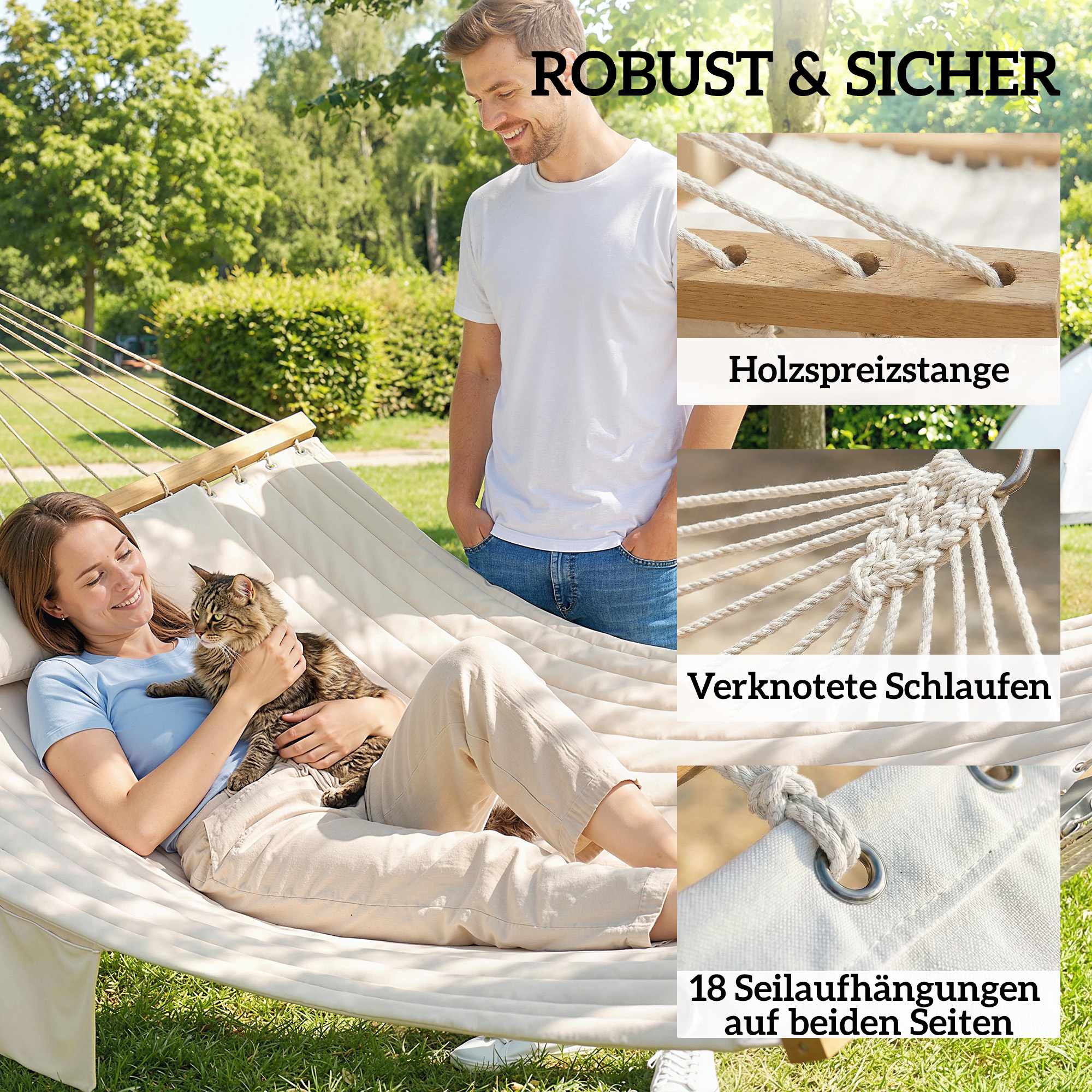 Utomhushängmatta 200x140cm, dubbelt lager med kudde och ficka