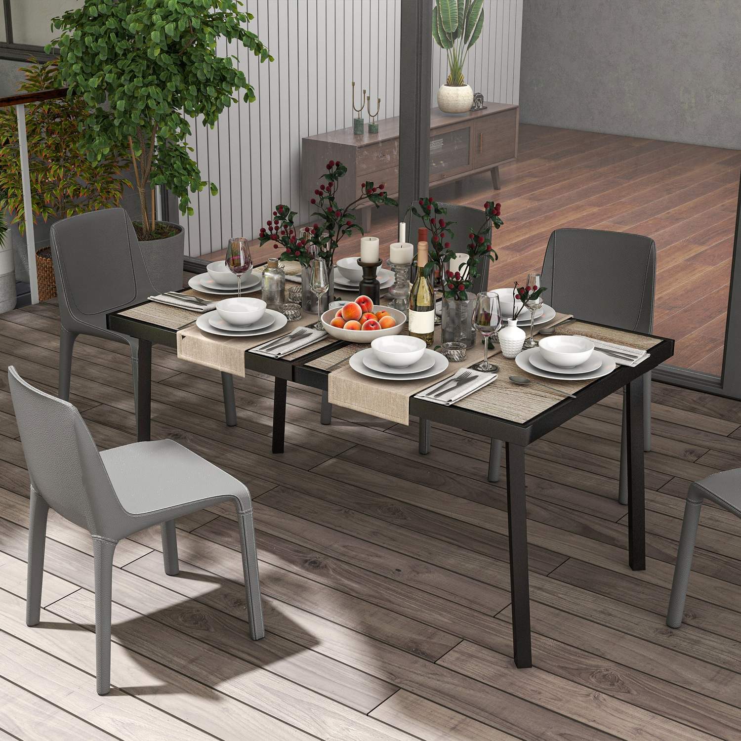 Utomhusmatbord för 6, trälook, stålstomme, grå