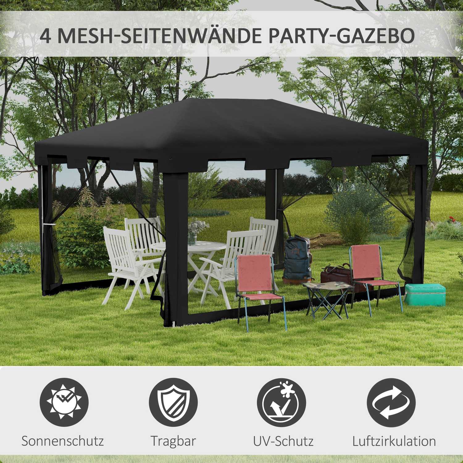 Utomhuspaviljong partytält med nätväggar, 4x3m, mörkgrå
