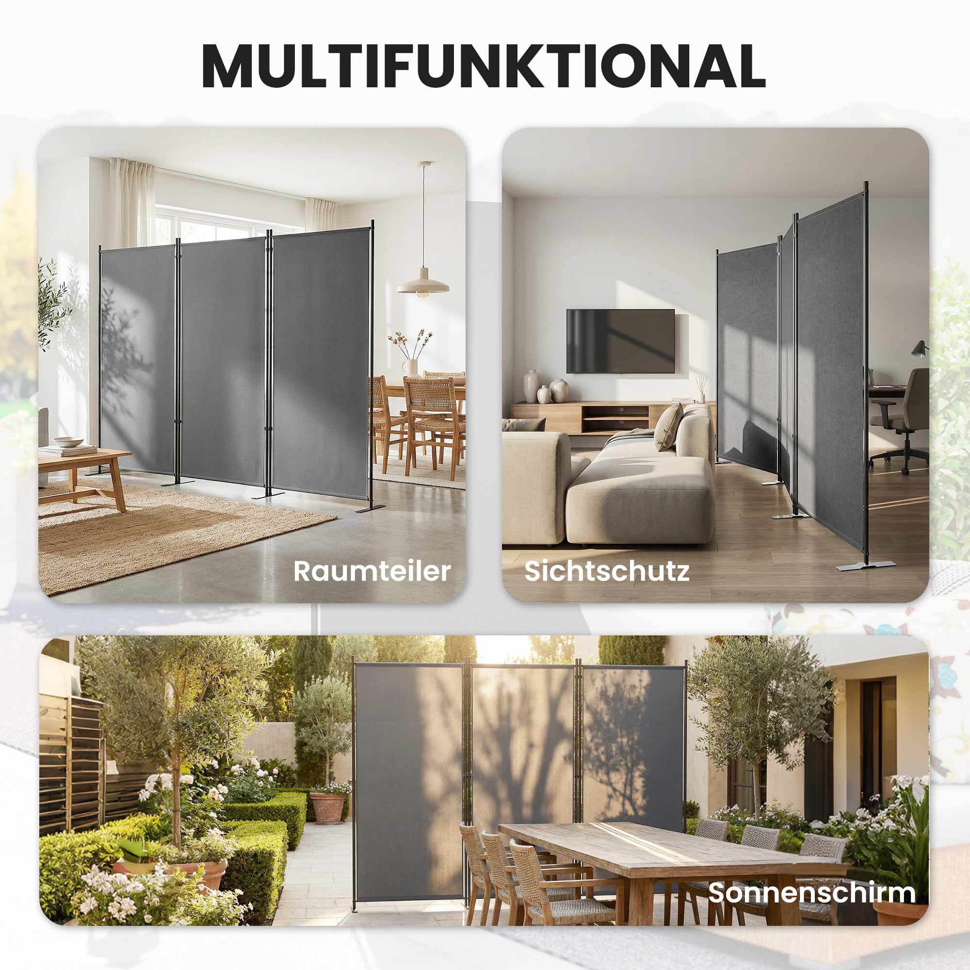 Utomhusskärm, 3-panels metall, mörkgrå, UV 30+