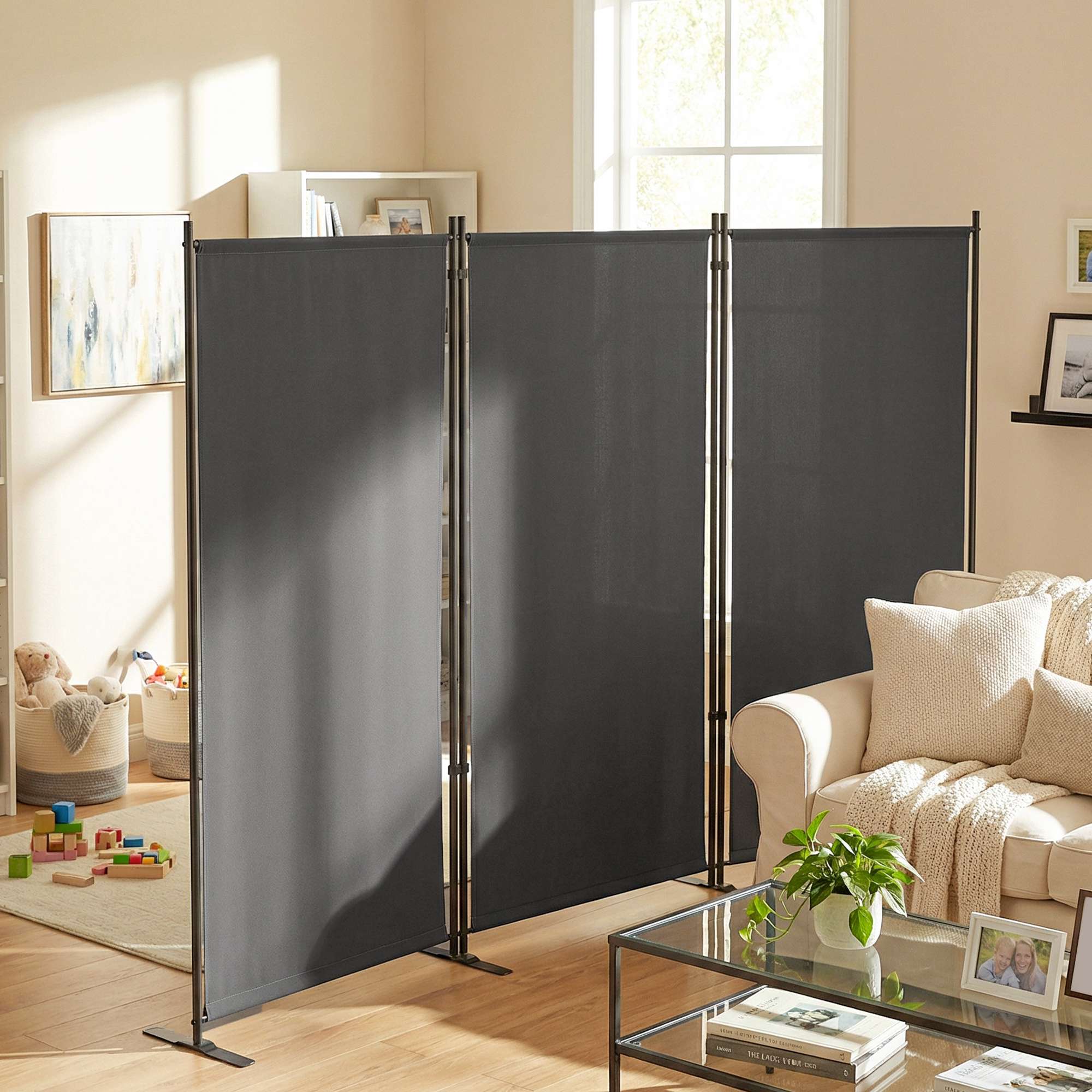 Utomhusskärm, 3-panels metall, mörkgrå, UV 30+