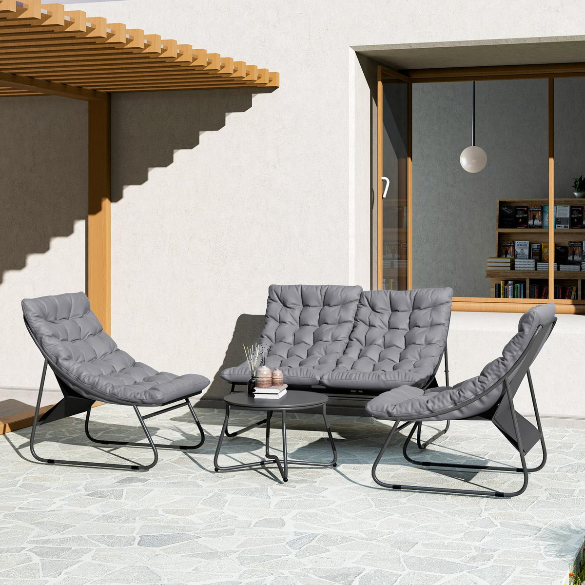 Salon de jardin en acier d'extérieur pour 4, résistant aux intempéries, gris