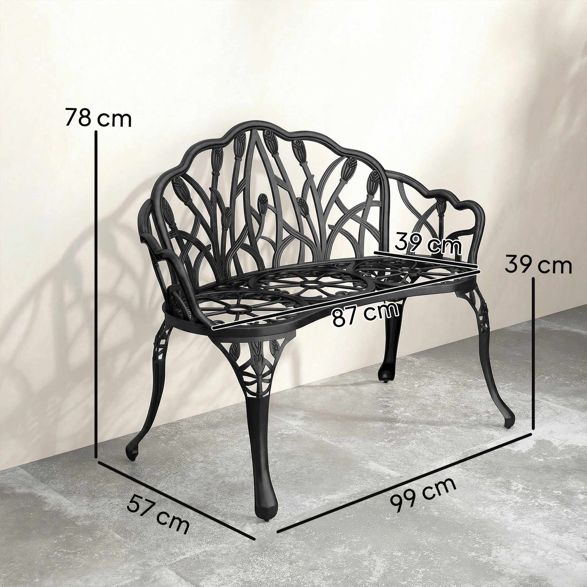 Utomhus trädgårdsbänk i gjuten aluminium, svart, 2-sits