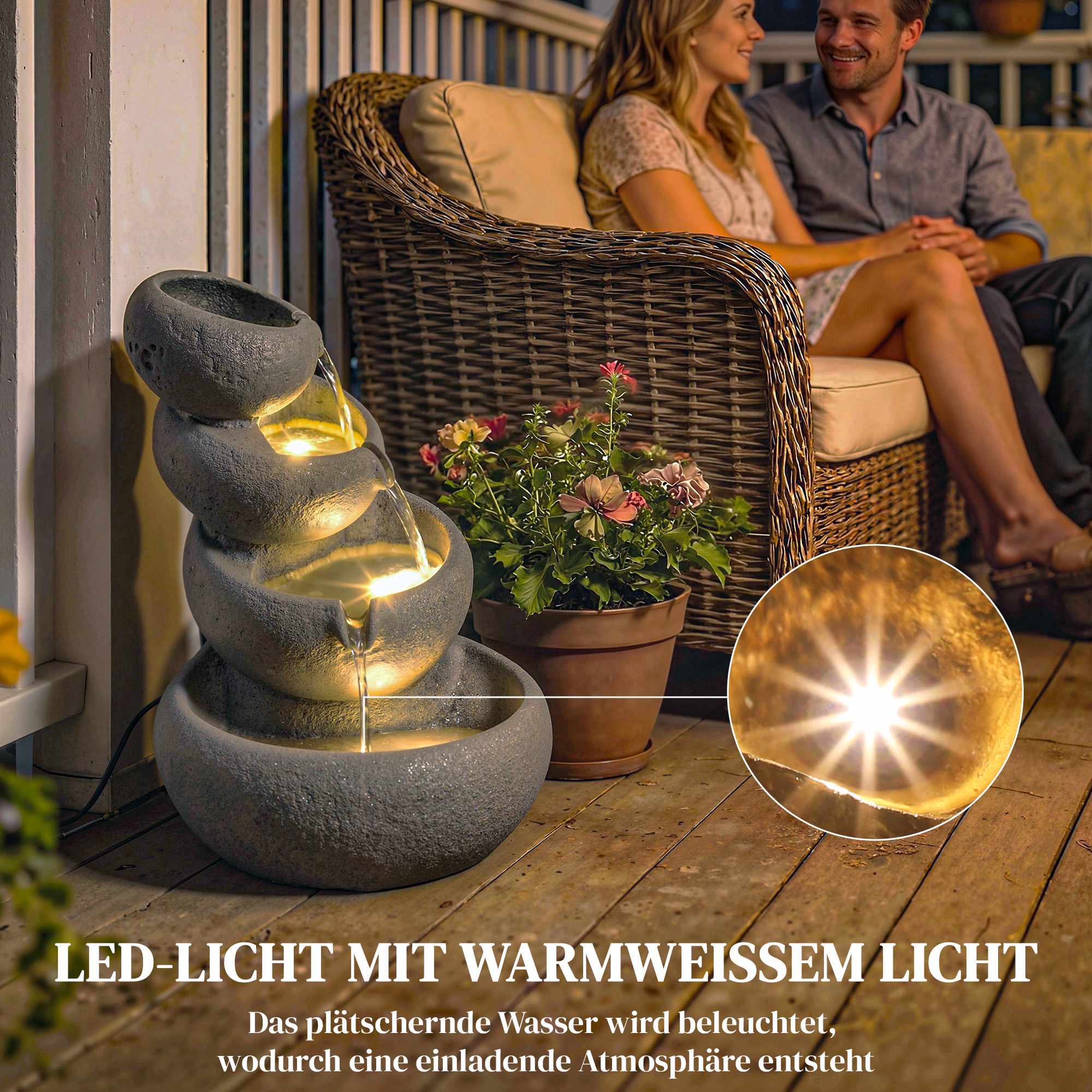 Utomhusvattenfontän i harts med LED-lampor, 4 nivåer