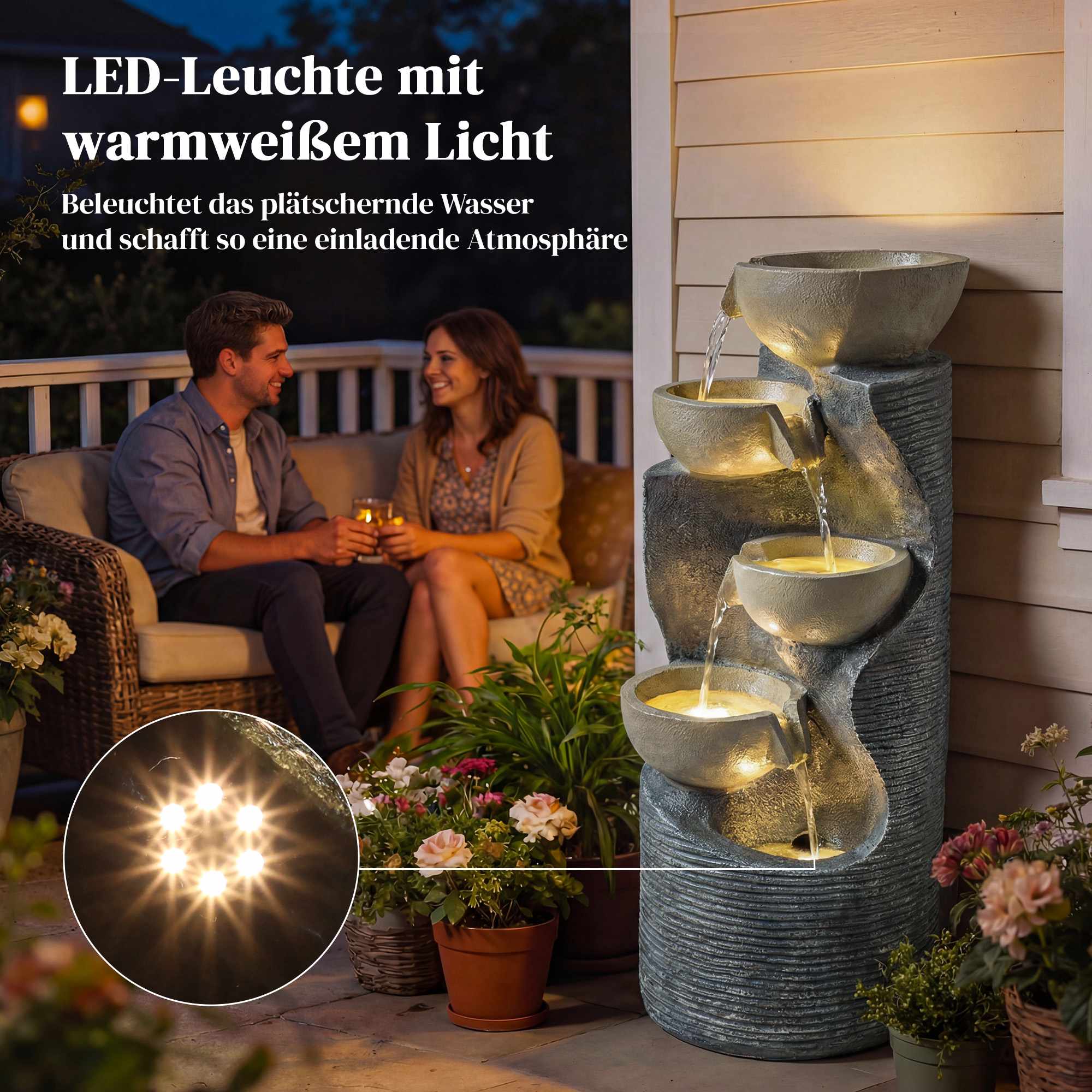 Utomhusvattenfontän i harts med LED-lampor, 80 cm