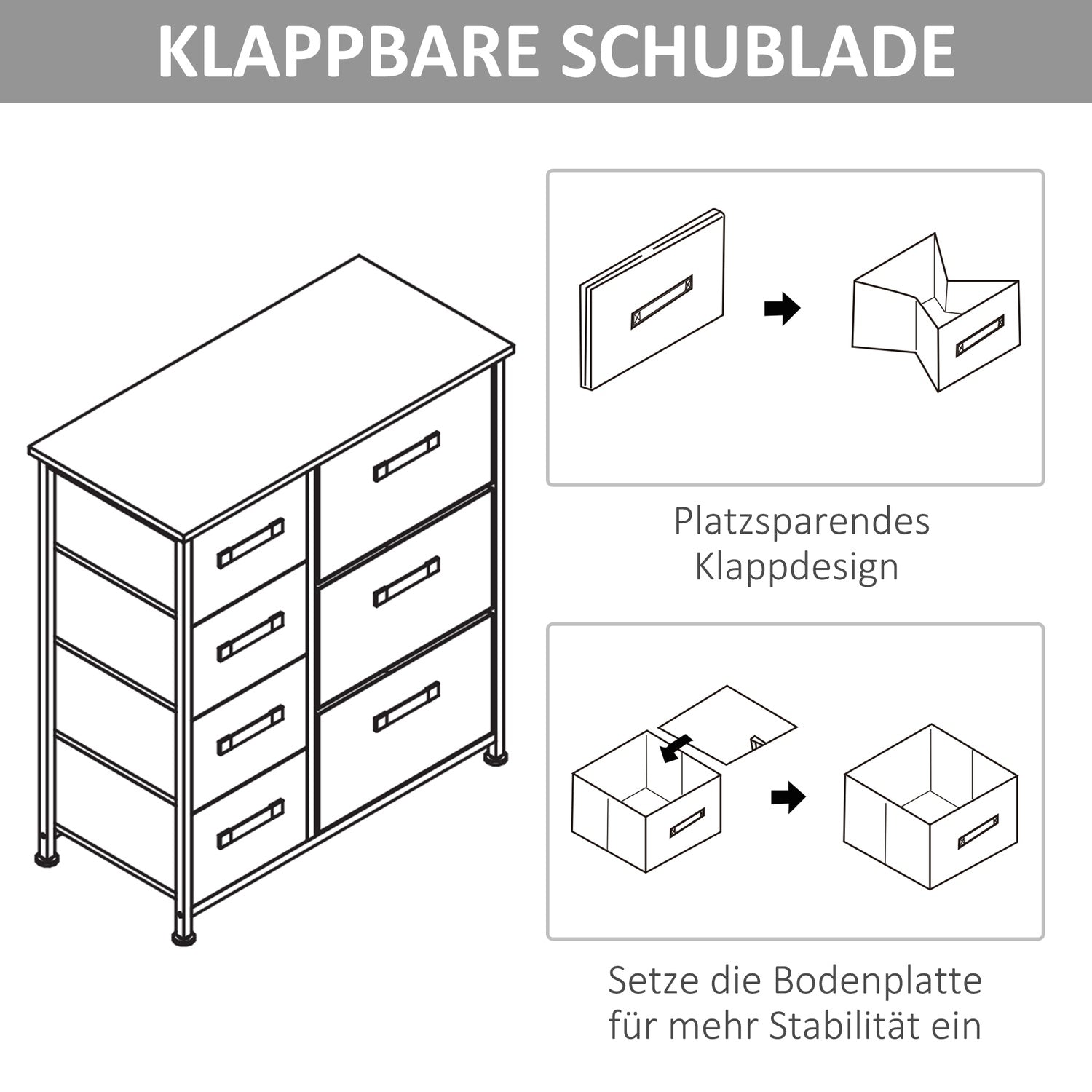 Utrymmesbesparande grått förvaringsskåp med 7 hopfällbara lådor
