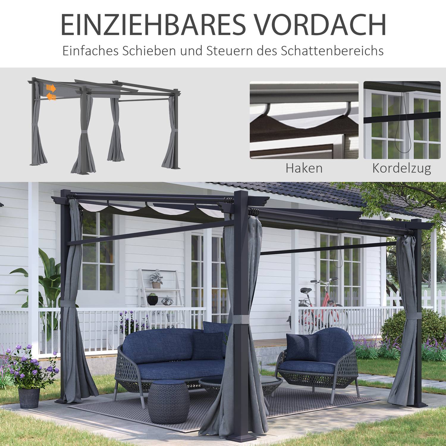 Vattenavvisande Gazebo 2,97x2,95M med solskydd och paneler