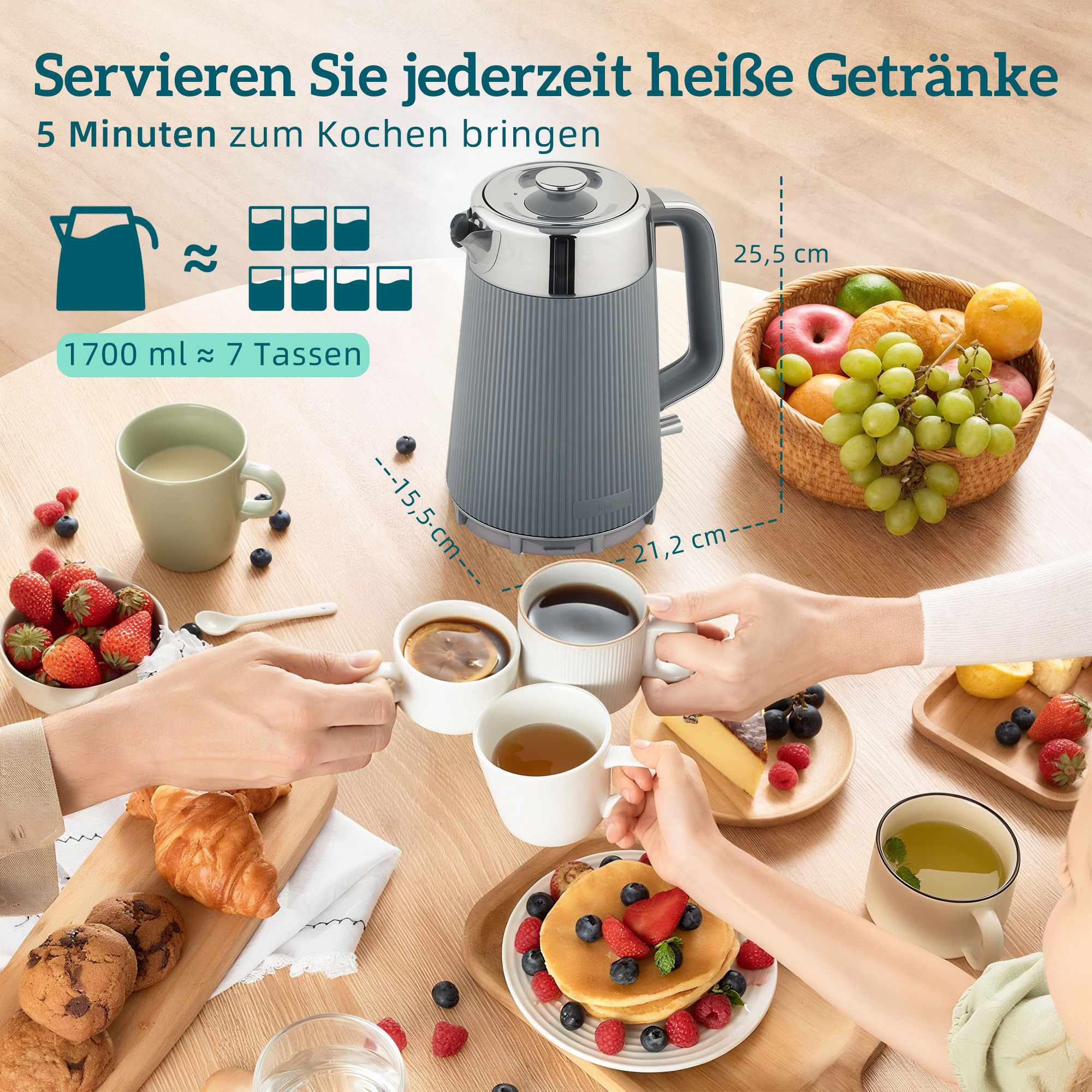Vattenkokare 1,7L 2200W & Brödrost för 4 skivor, Grå