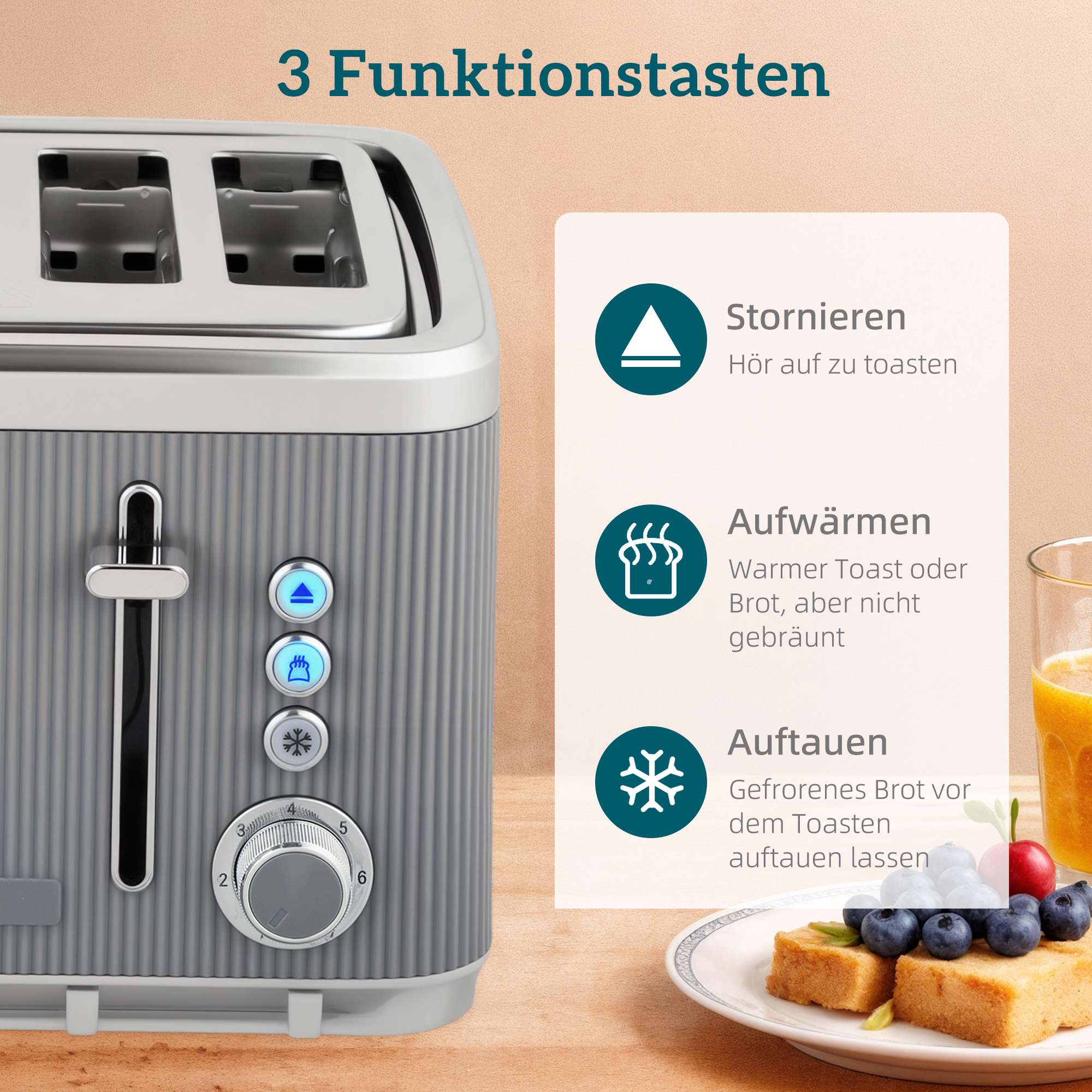 Vattenkokare 1,7L 2200W & Brödrost för 4 skivor, Grå