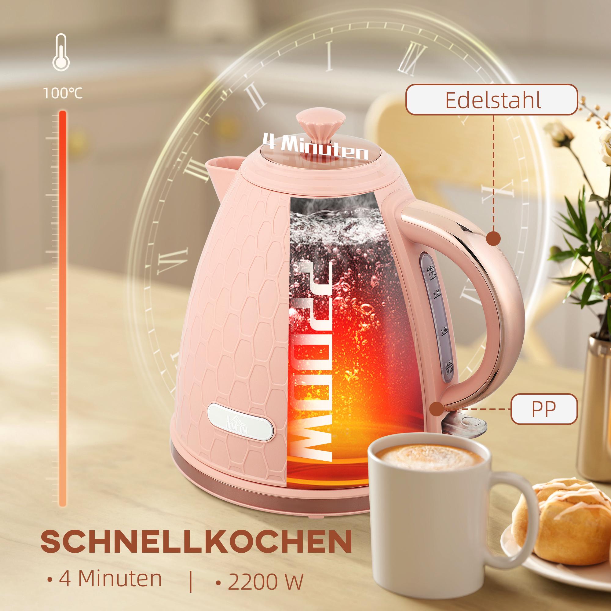 Vattenkokare 1,7 l, snabbkokning, 2200 W, sladdlös, rosa