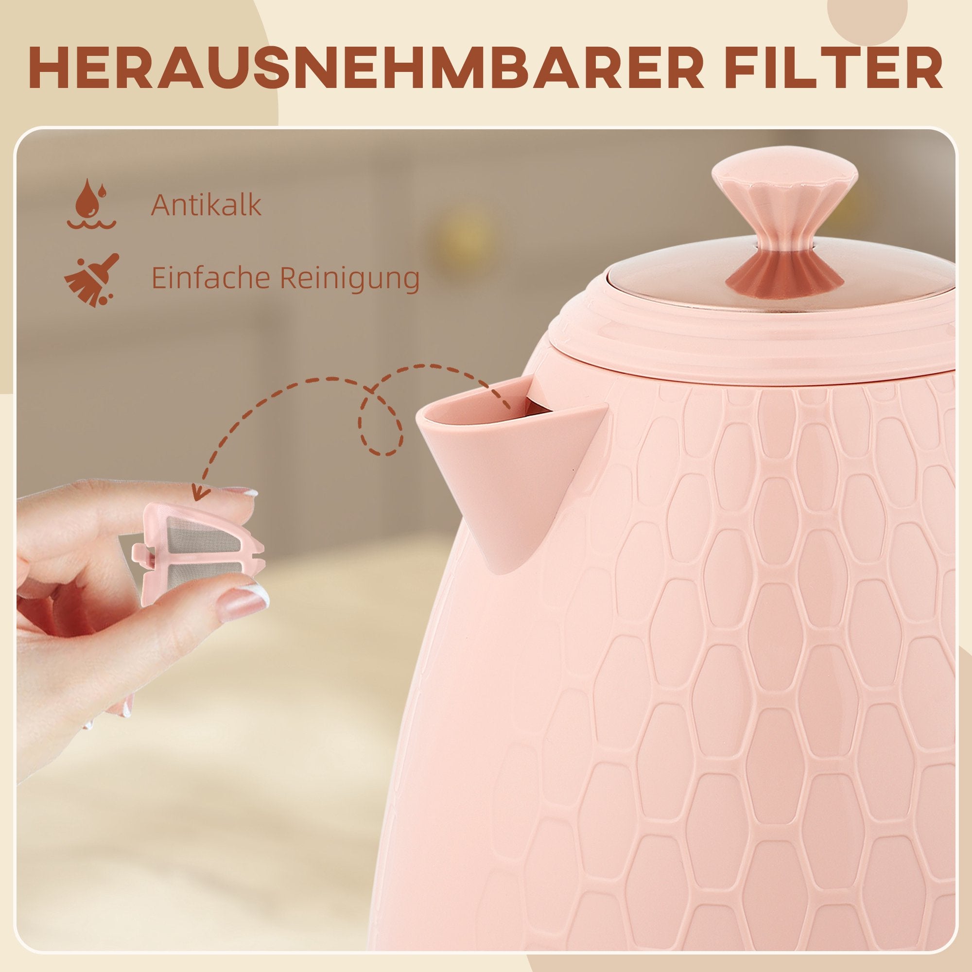 Vattenkokare 1,7 l, snabbkokning, 2200 W, sladdlös, rosa