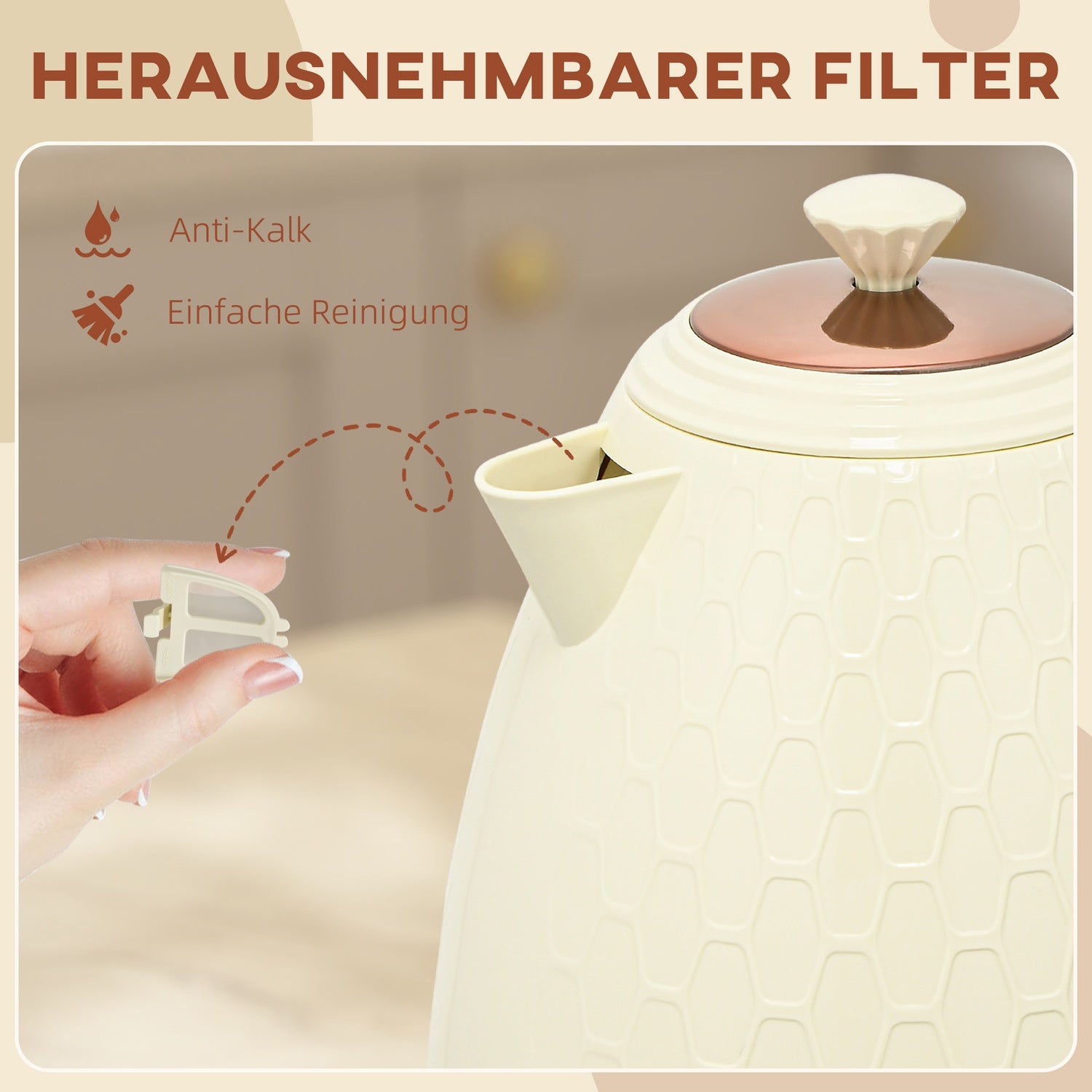 Vattenkokare, 2200W, Fönster, Filter, Beige