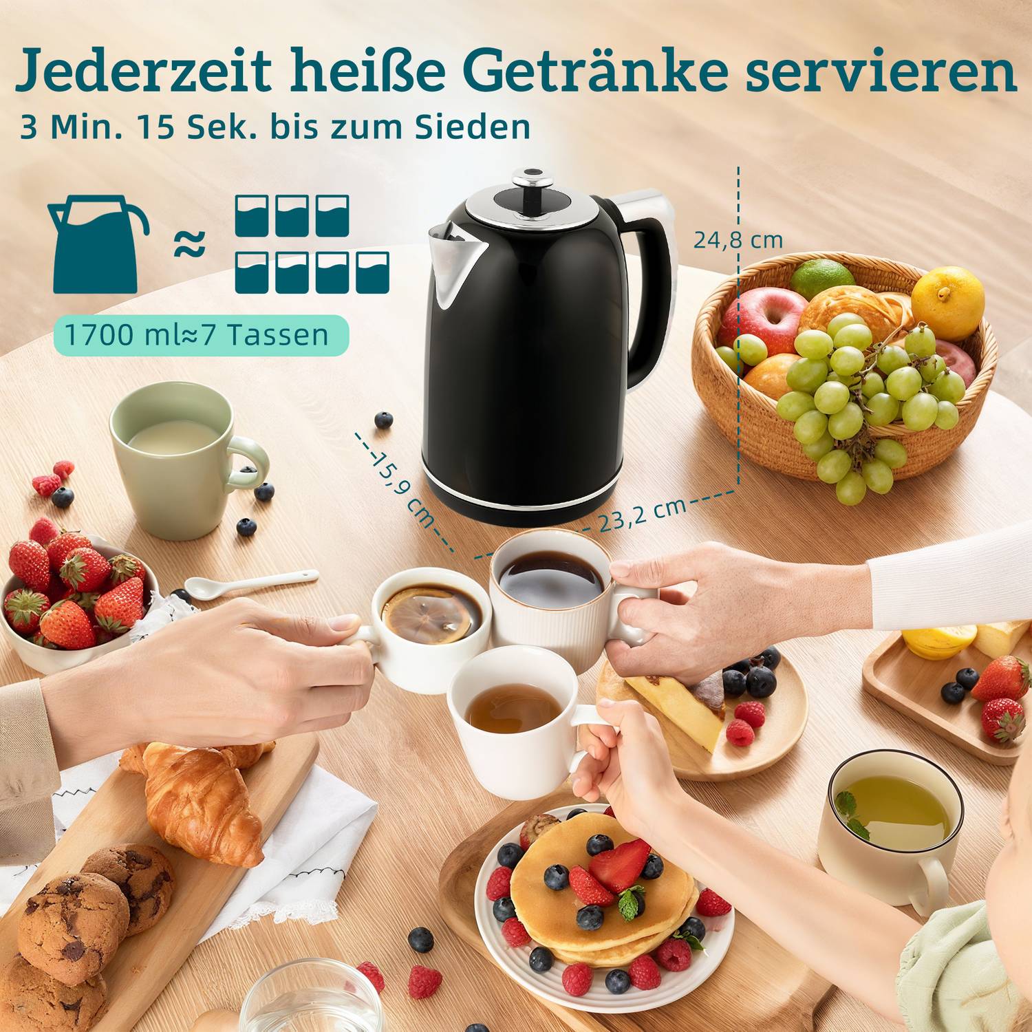 Vattenkokare och brödrost, LED-display, 1,7 l, 2200 W, svart