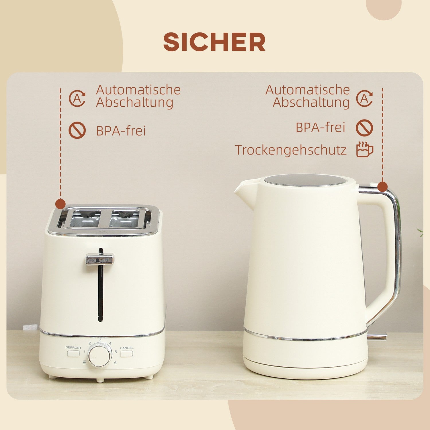Vattenkokare och brödrostset, 1,7 l, 6 bryningsnivåer, beige
