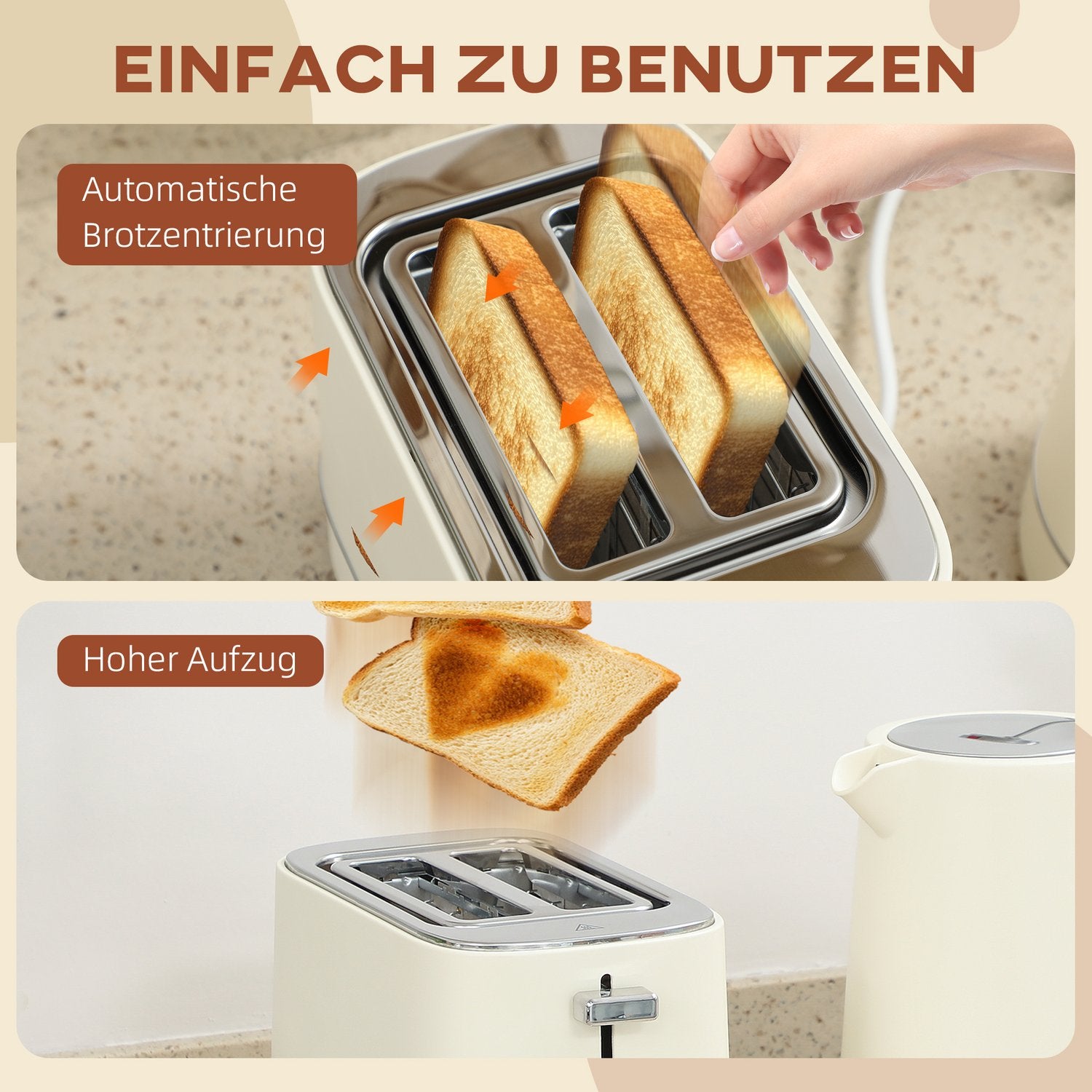 Vattenkokare och brödrostset, 1,7 l, 6 bryningsnivåer, beige