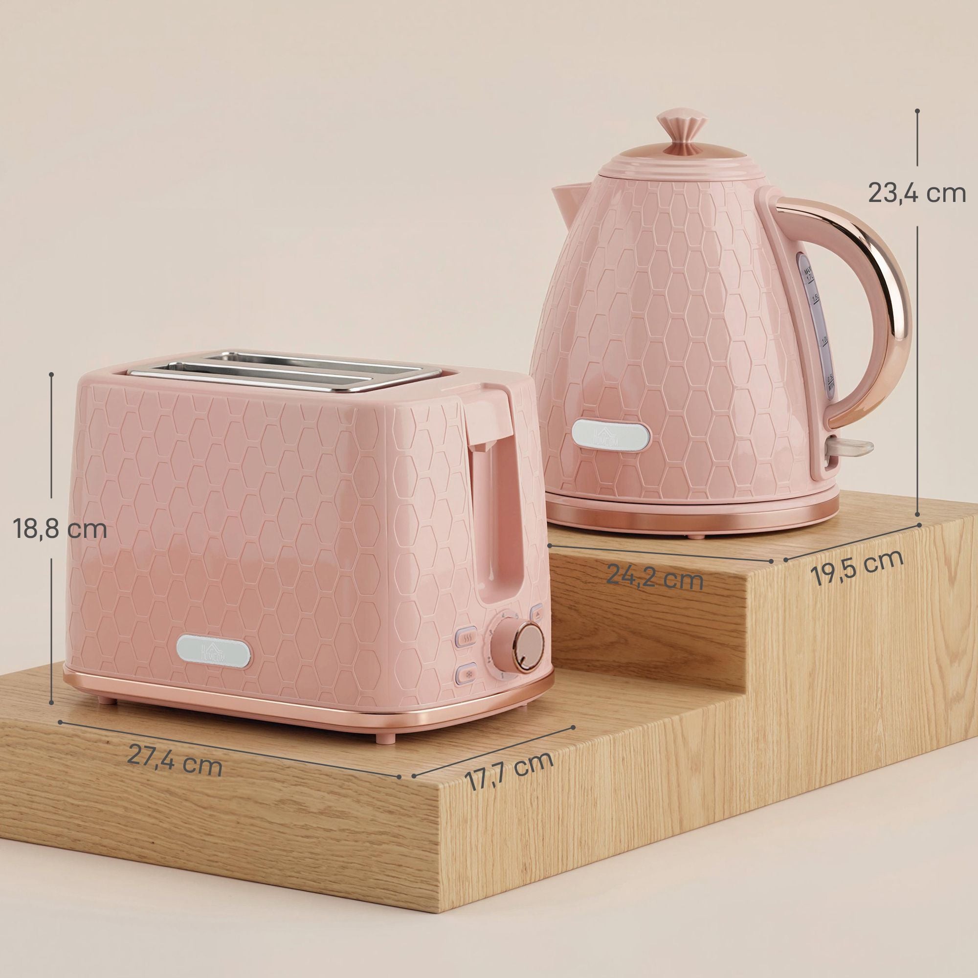 Vattenkokare och brödrostset, 1,7 l snabbkokning, 2 skivor, rosa