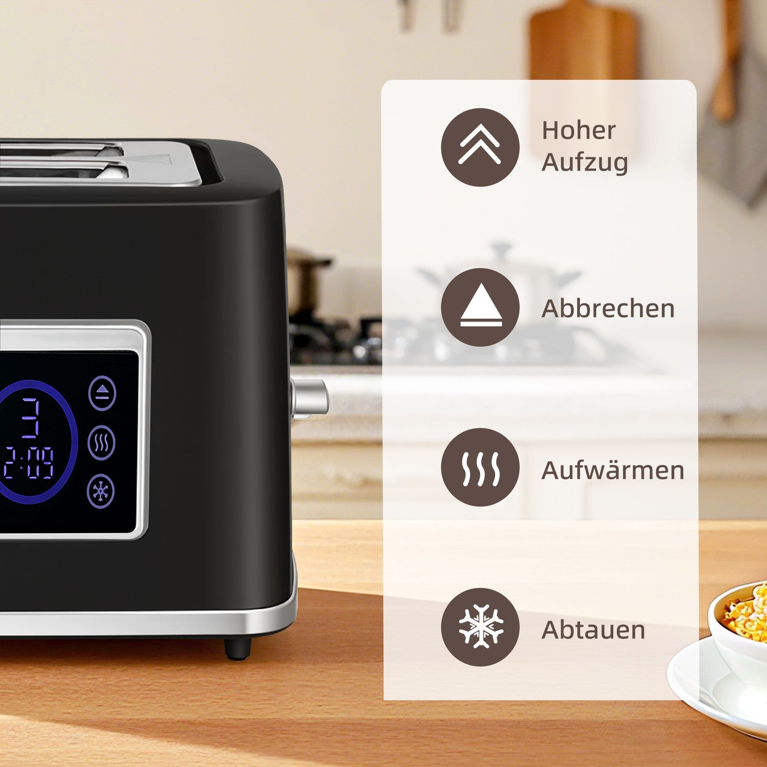 Vattenkokare och brödrostset, LED-touch, 1,7 l, 2 fack, svart