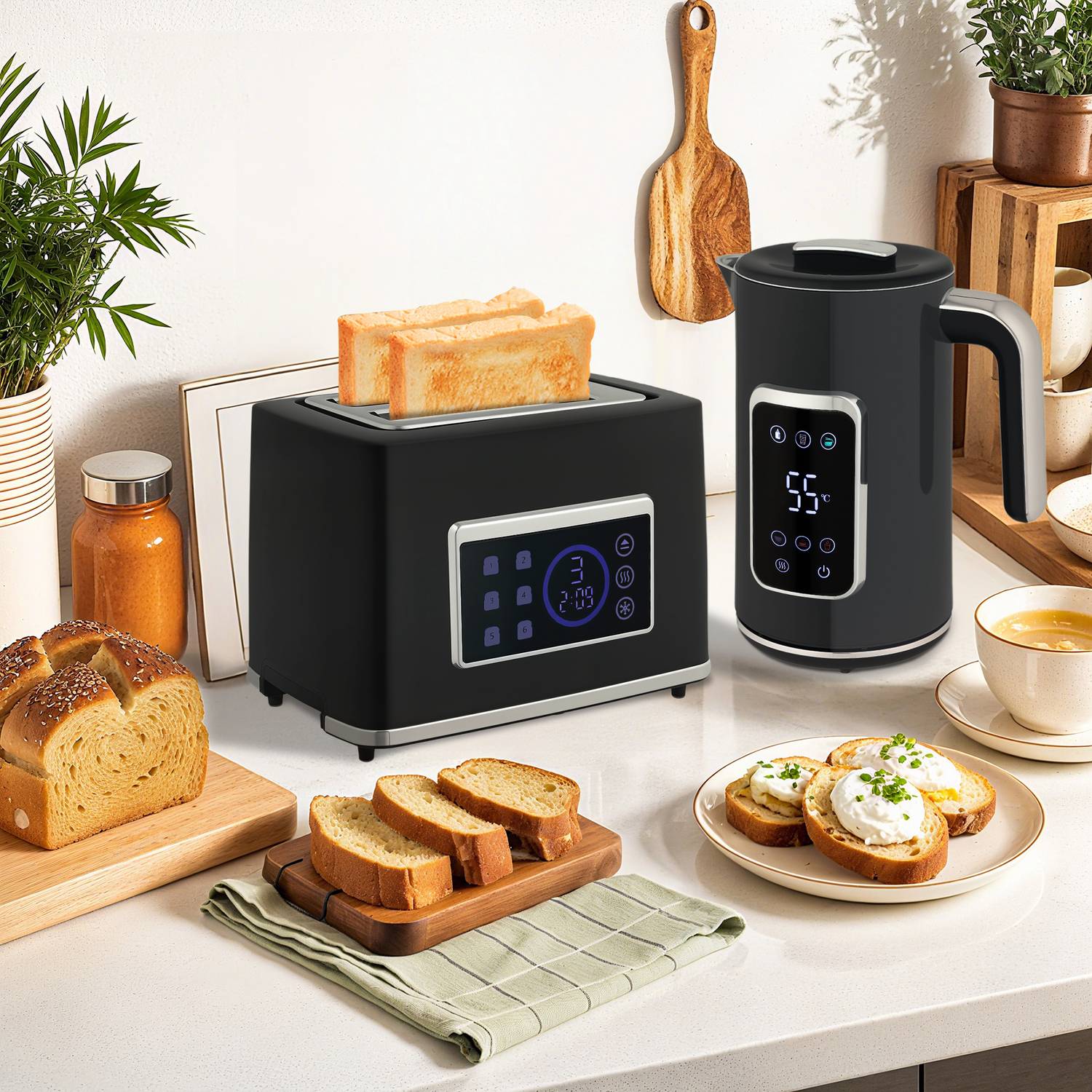 Vattenkokare och brödrostset, LED-touch, 1,7 l, 2 fack, svart