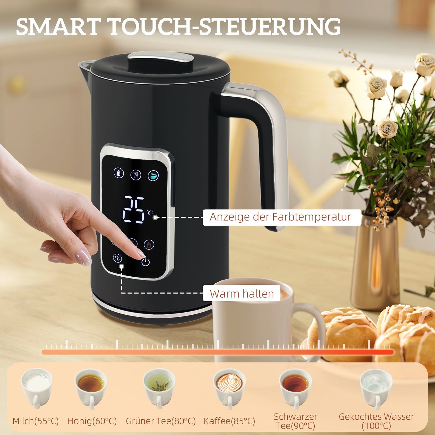 Vattenkokare och brödrostset, LED-touch, 1,7 l, 2 fack, svart